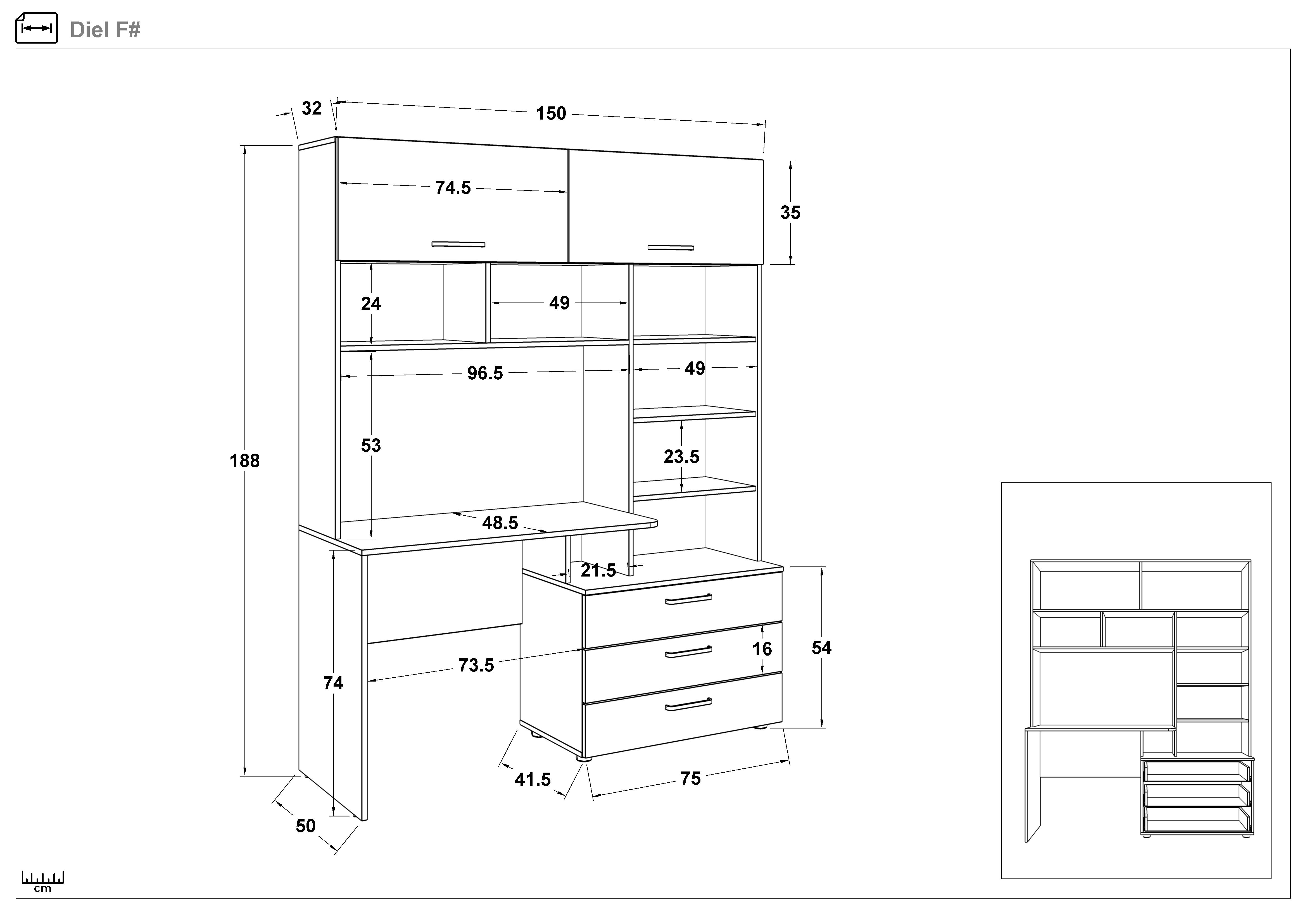 Размери на - Biblioteca + birou Diel Biblioteca + birou Diel