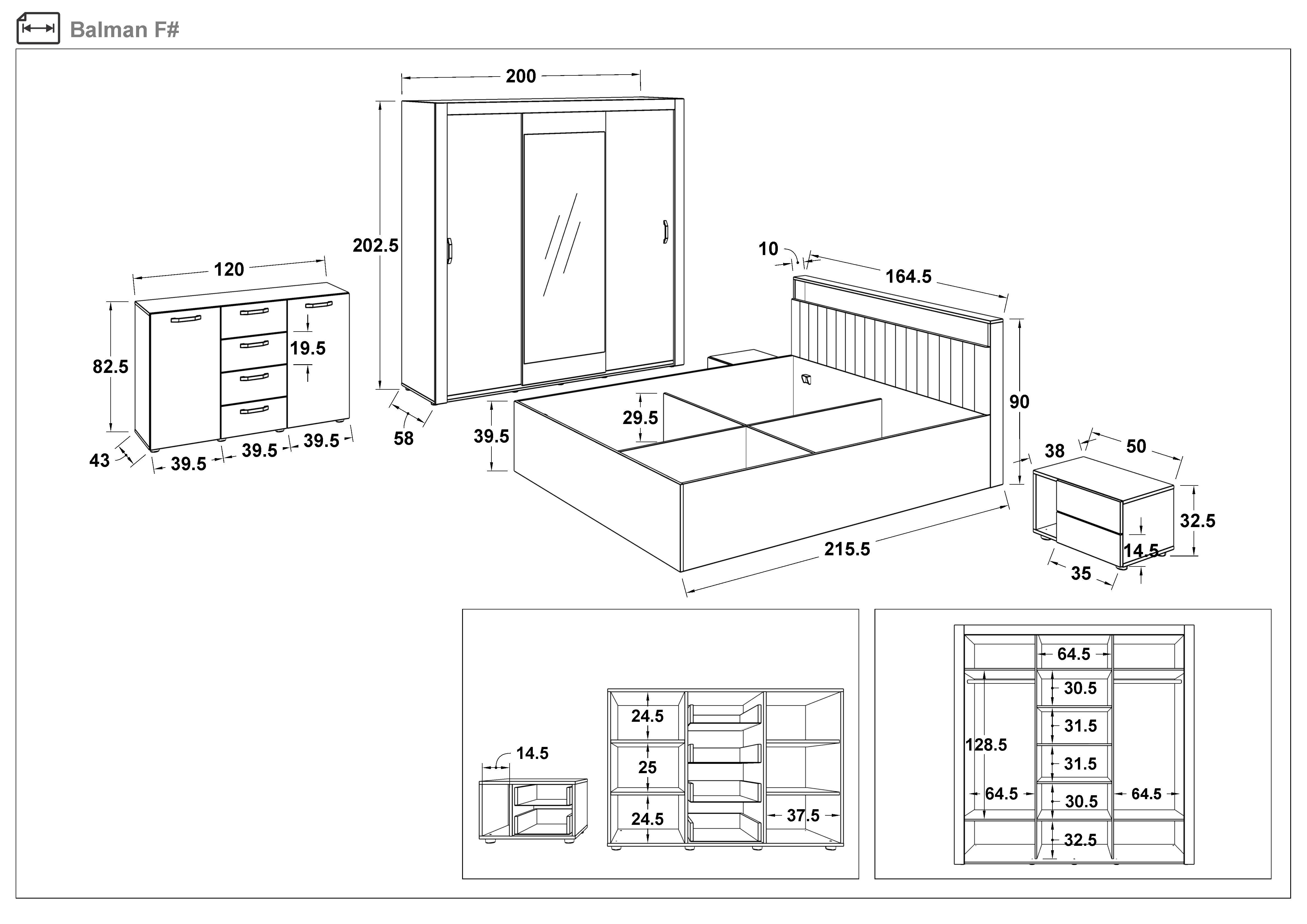 Размери на - Set dormitor Balman pentru saltea 160/200 + iluminare LED Set dormitor Balman pentru saltea 160/200 + iluminare LED