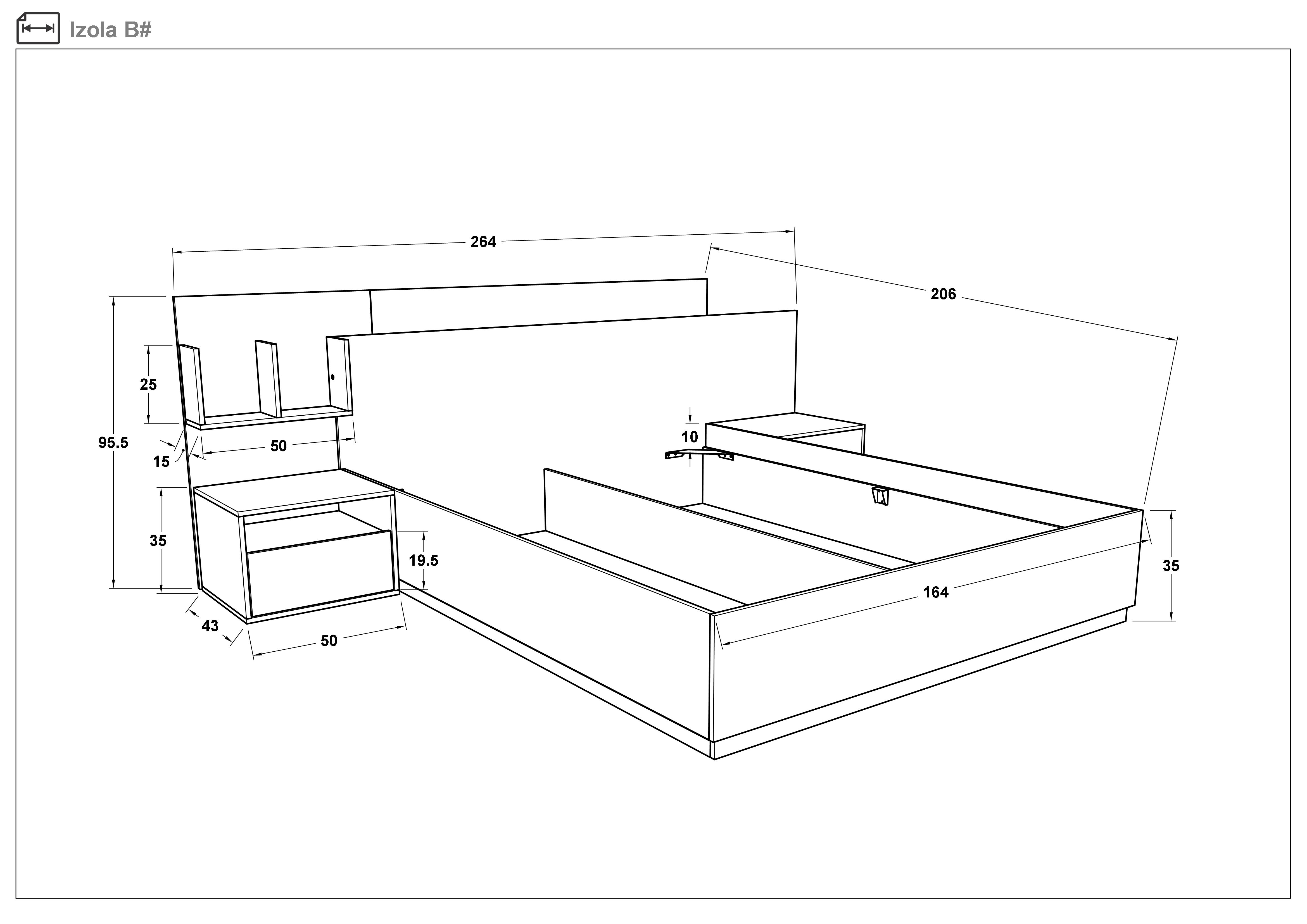 Размери на - Pat dublu + 2 noptiere Izola Pat dublu + 2 noptiere Izola