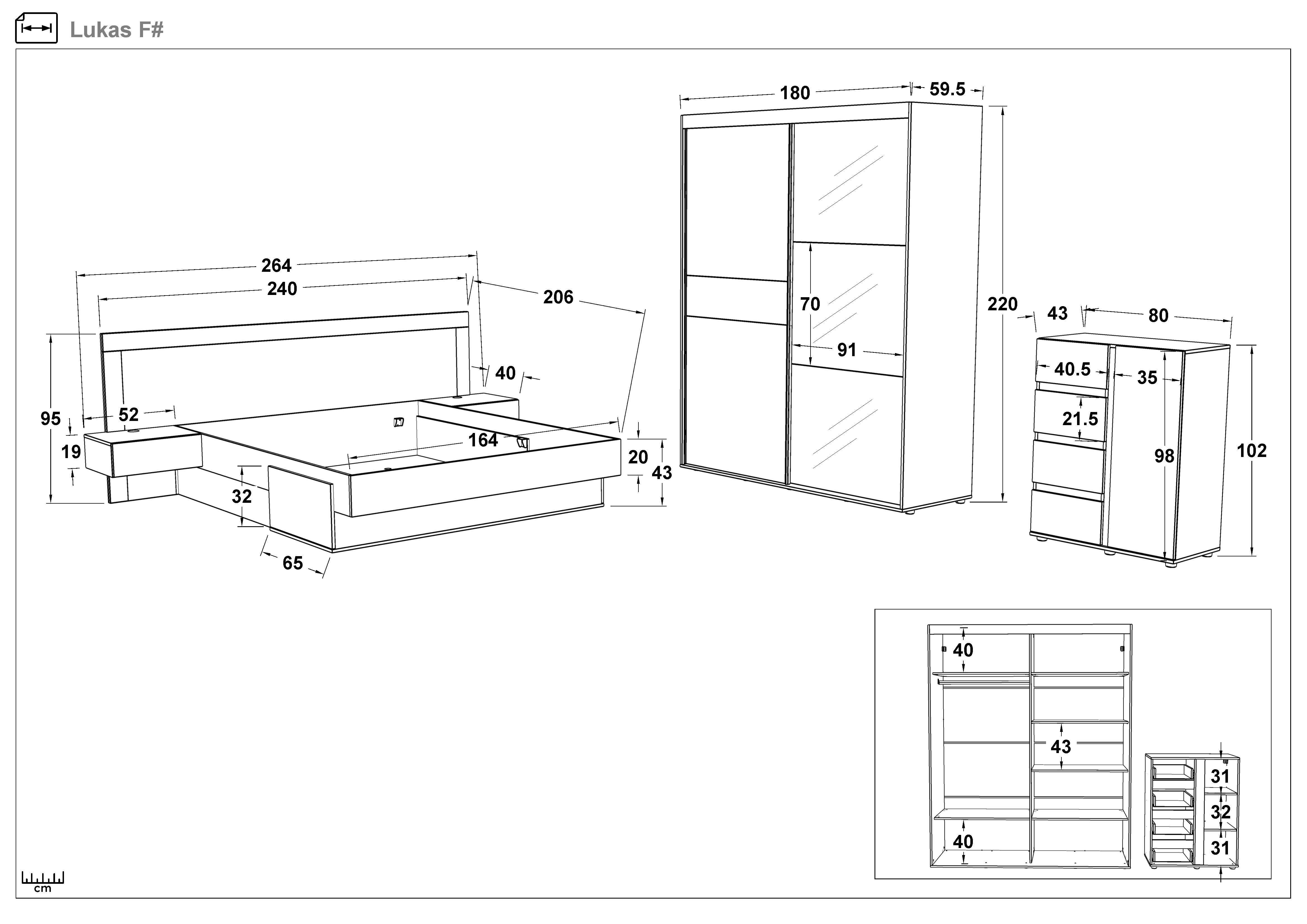 Размери на - Set dormitor 160/200 cu incarcator wireless pentru telefoane Lukas Set dormitor 160/200 cu incarcator wireless pentru telefoane Lukas