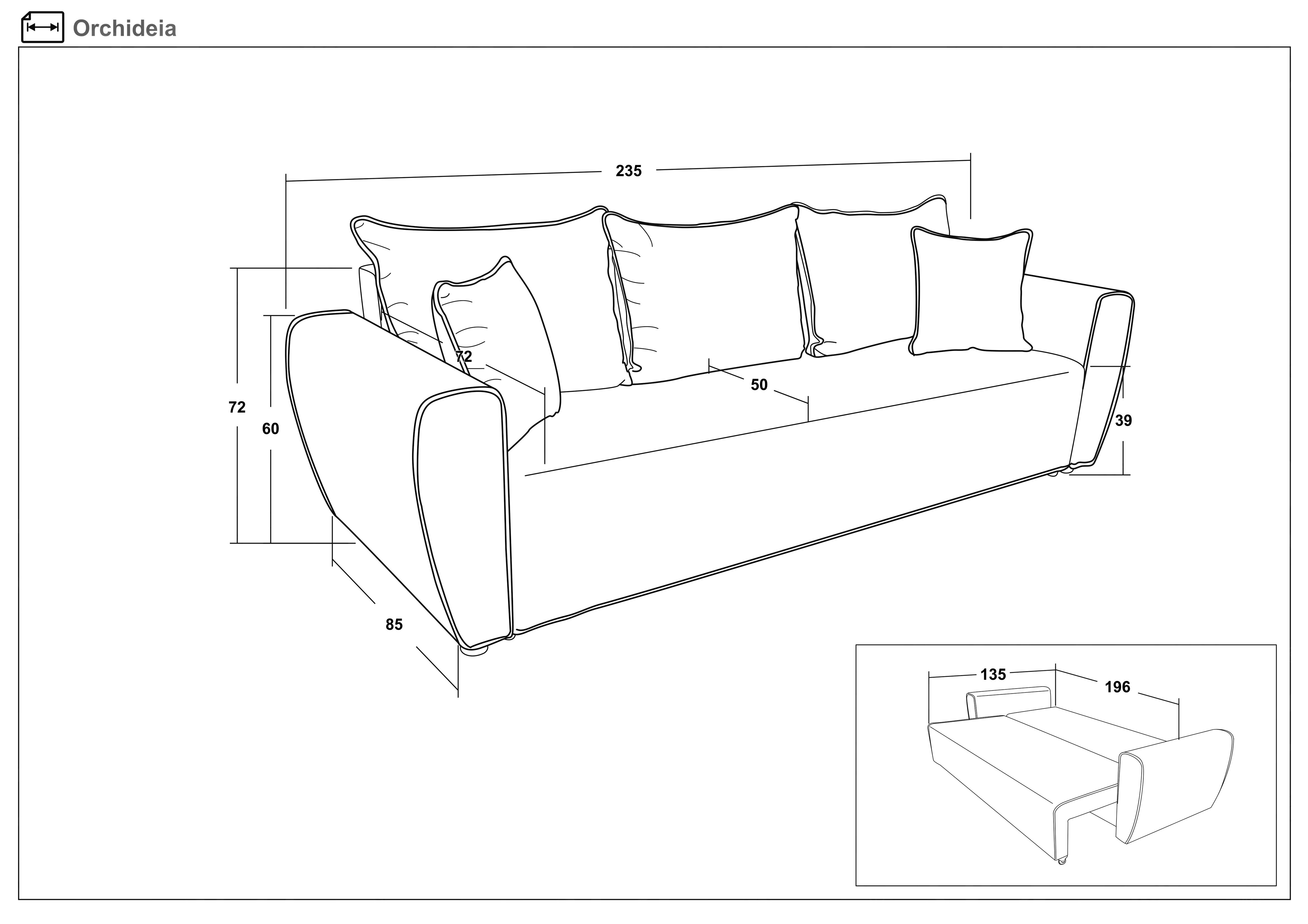 Размери на - Canapea extensibila cu trei locuri Orhideea Canapea extensibila cu trei locuri Orhideea