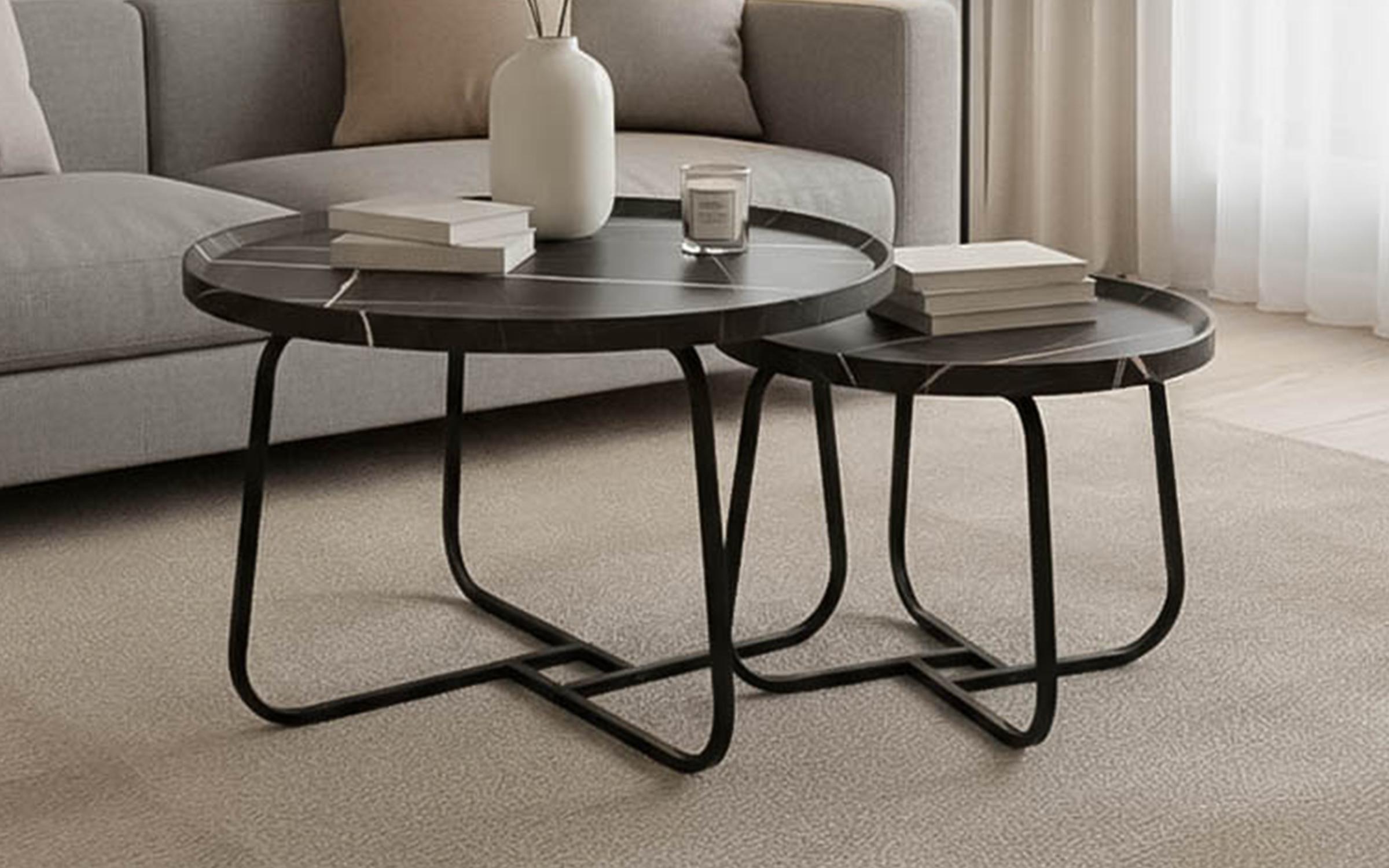 Set masute de cafea Krismori, marmura neagra + negru  1