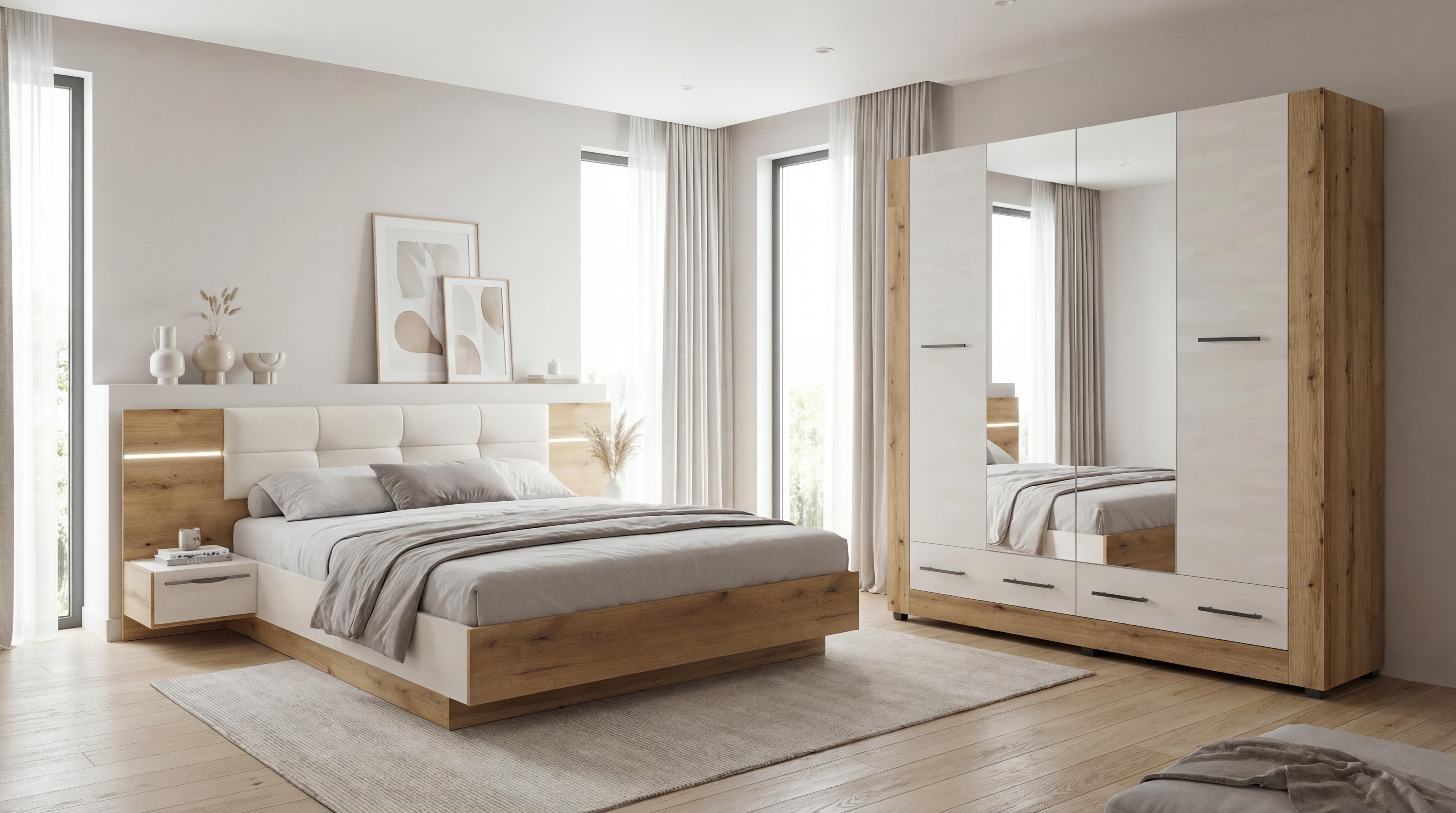 Set dormitor 160/200 + LED Alina, stejar evoc + Silk  1