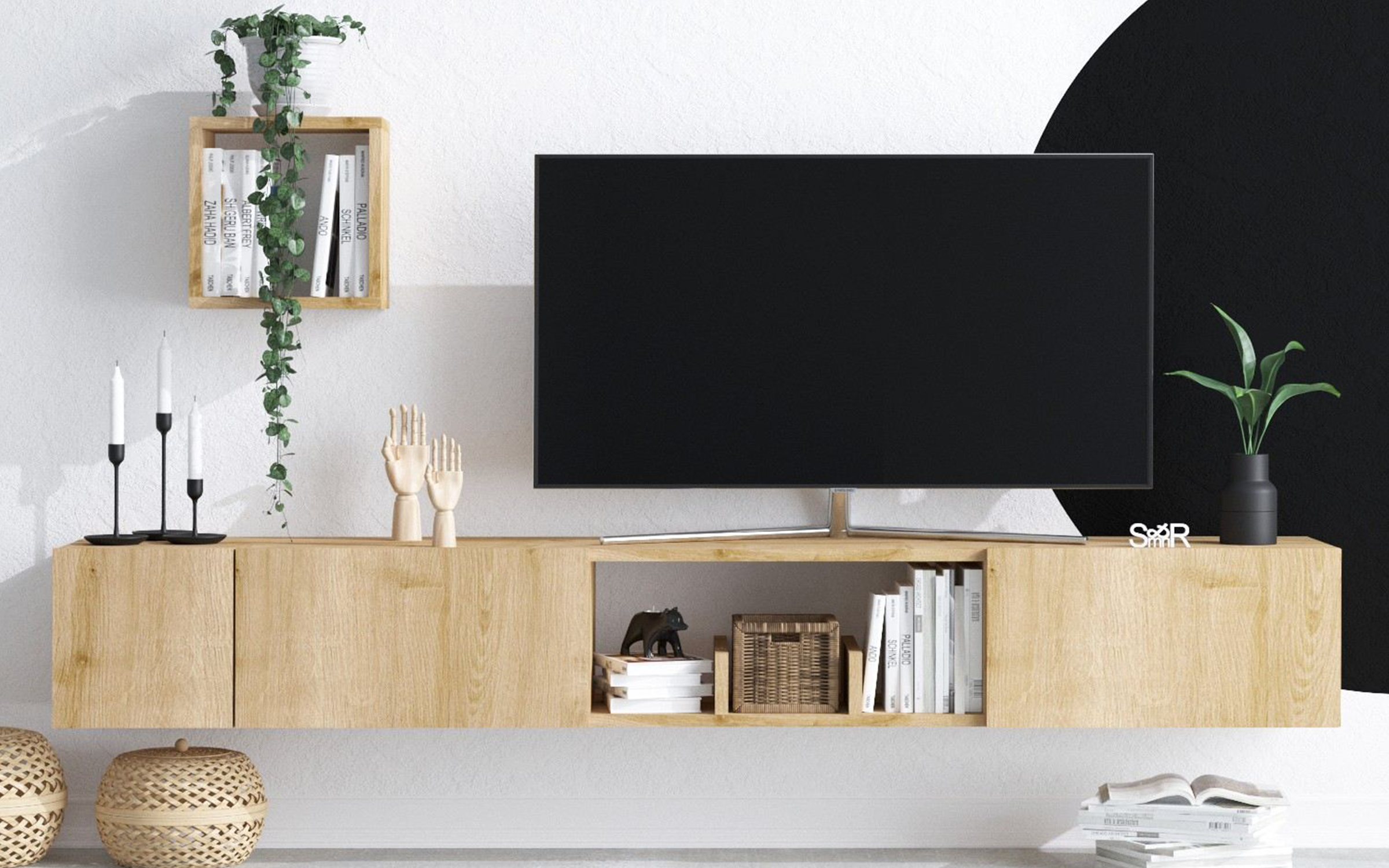 Modul TV + 2 buc. etajera Avior, stejar safir  2