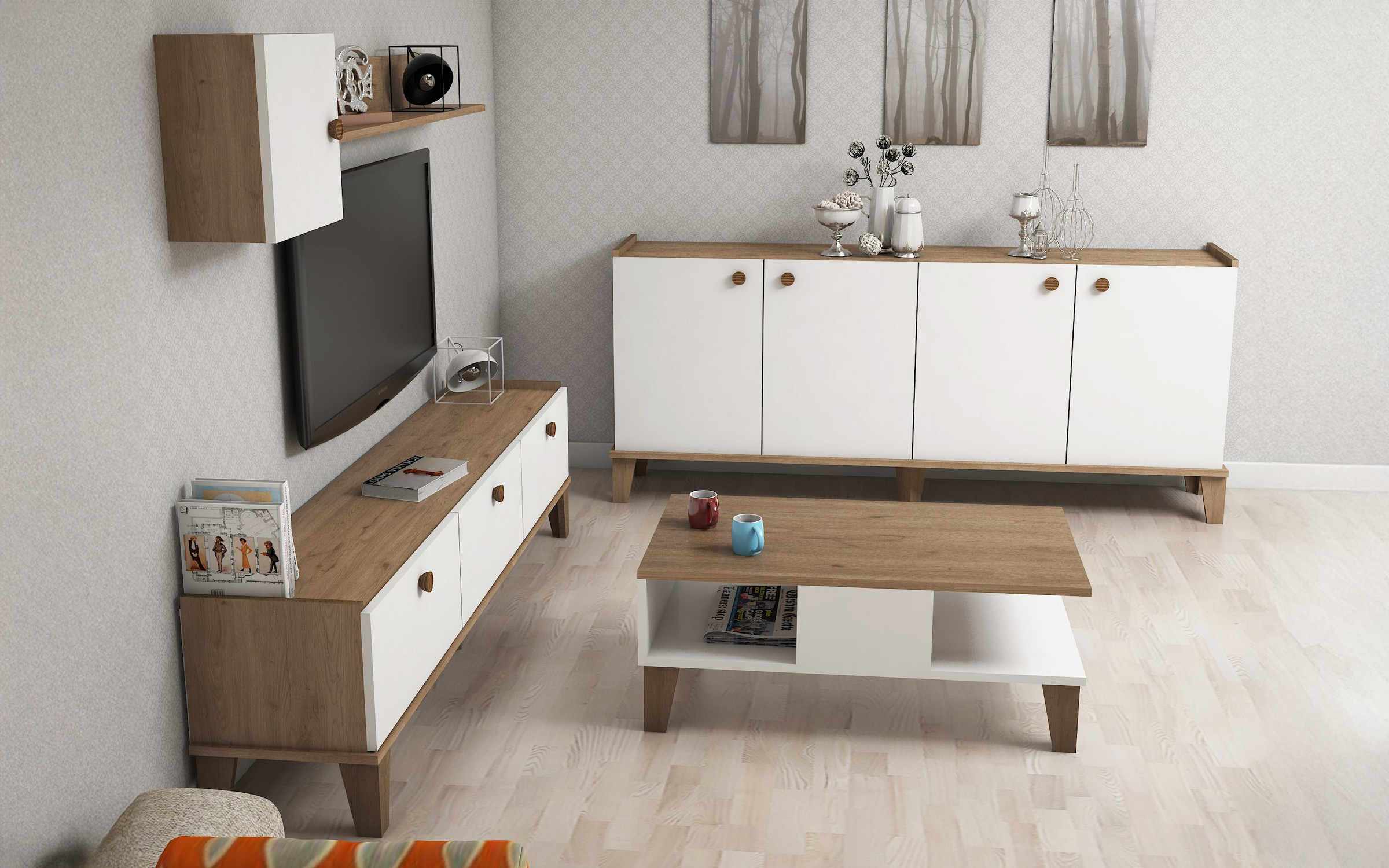 Set living Adore, stejar + alb  2