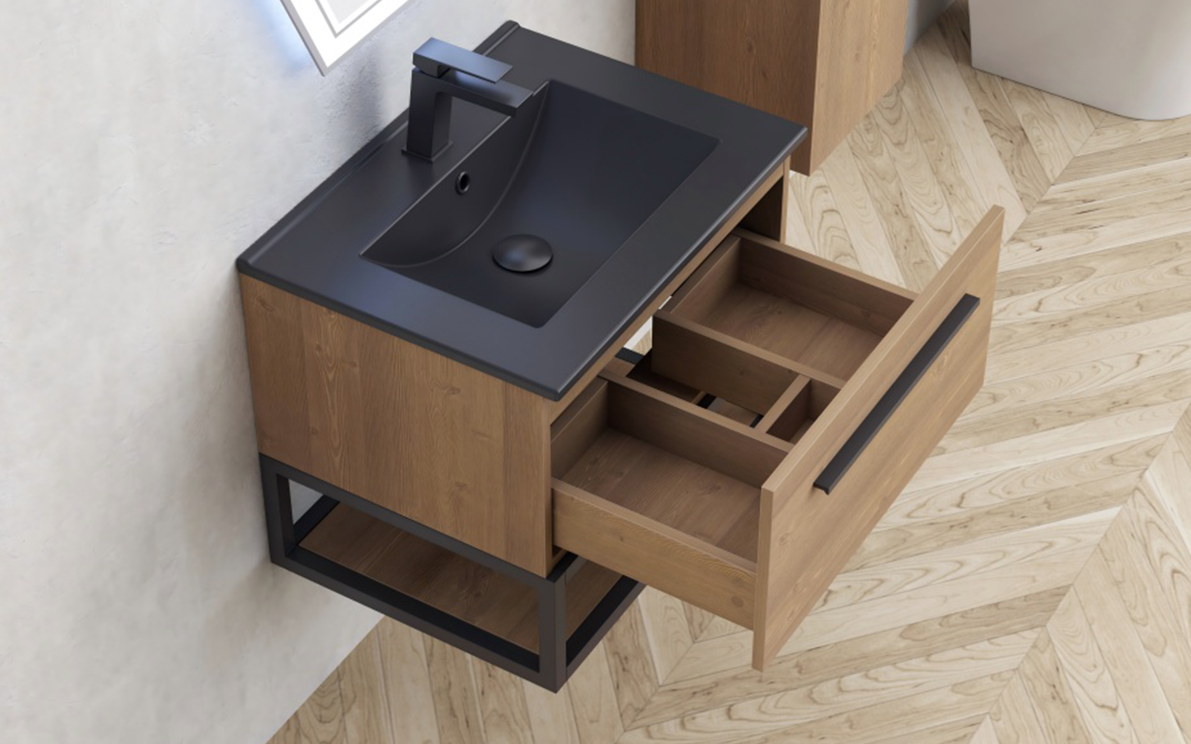 PVC dulap cu chiveta pentru baie ICP6050-039 Simon, negru mat + natural  2