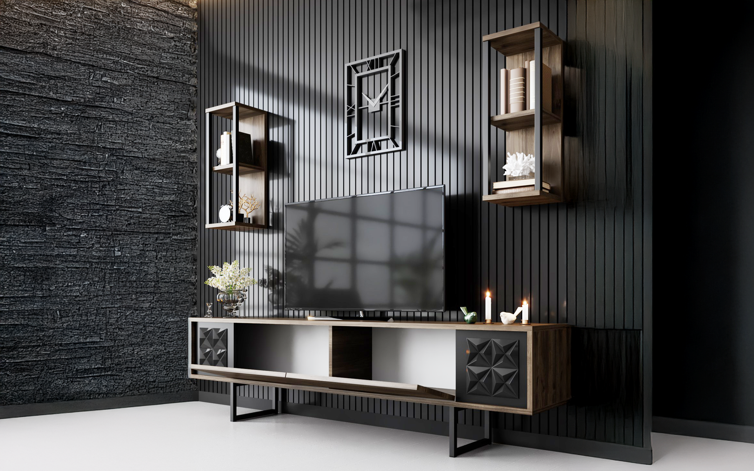 Modul TV + 2 buc. etajera Linus, nuc + negru  4