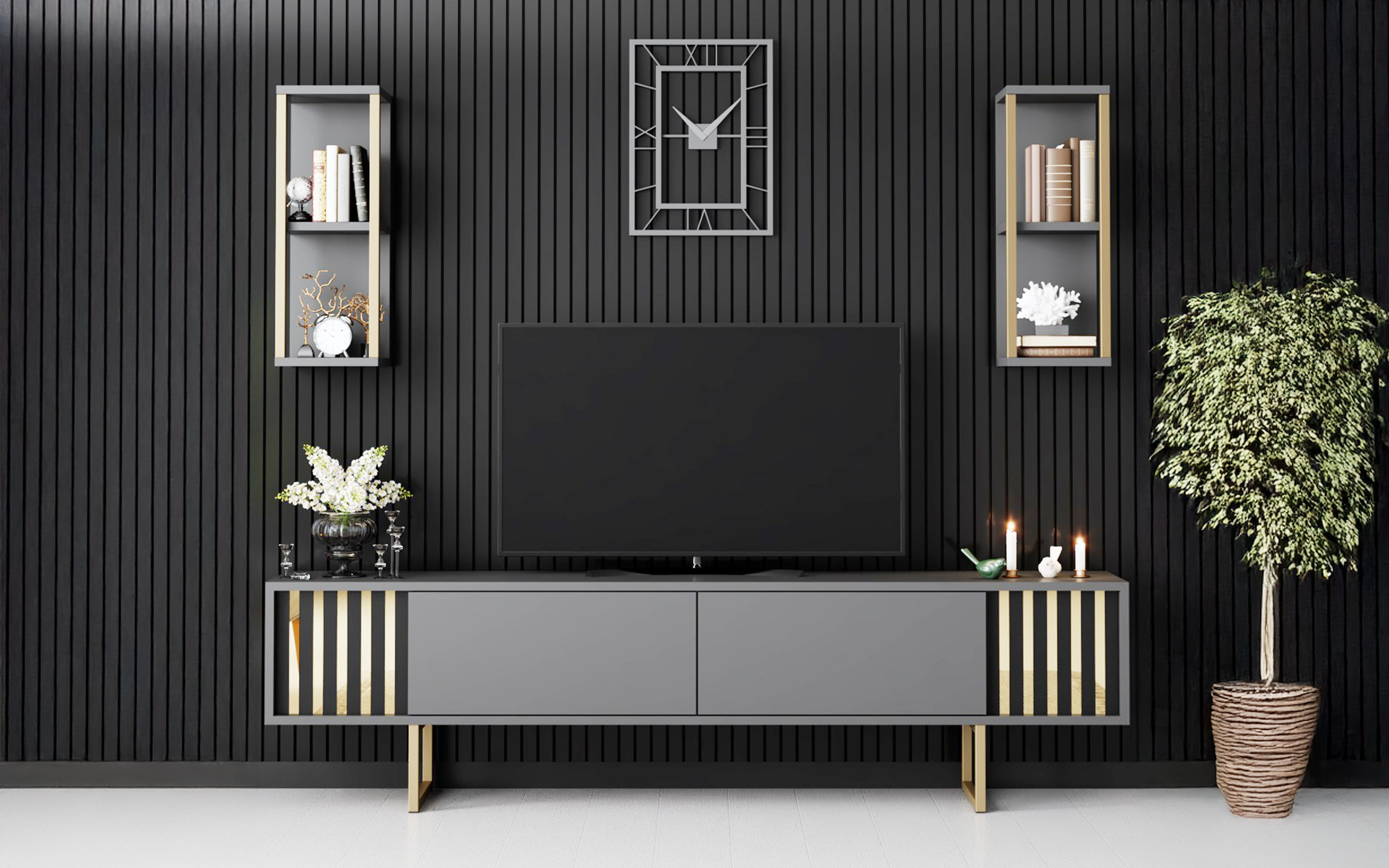 Modul TV + 2 buc. etajera Linus, antracit + negru  2