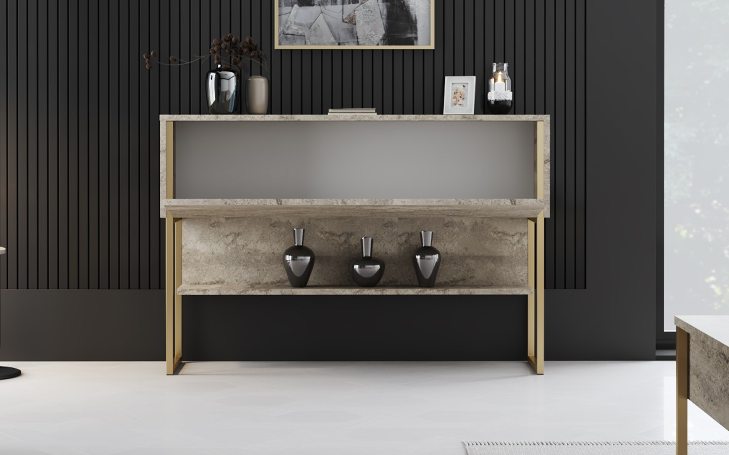 Masa consola Larso, decor travertin + auriu  3