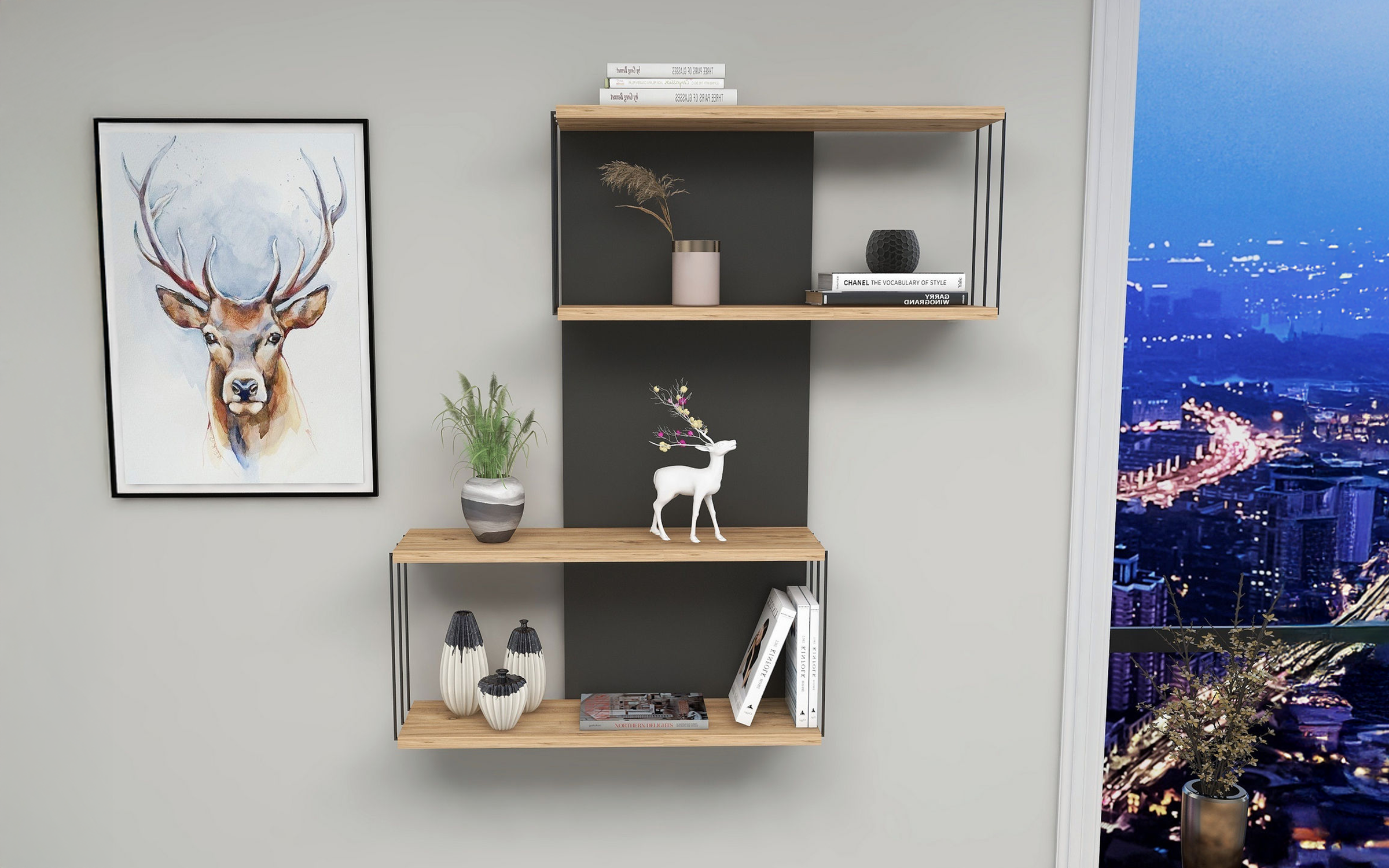 Etajera Desta, antracit + stejar  2