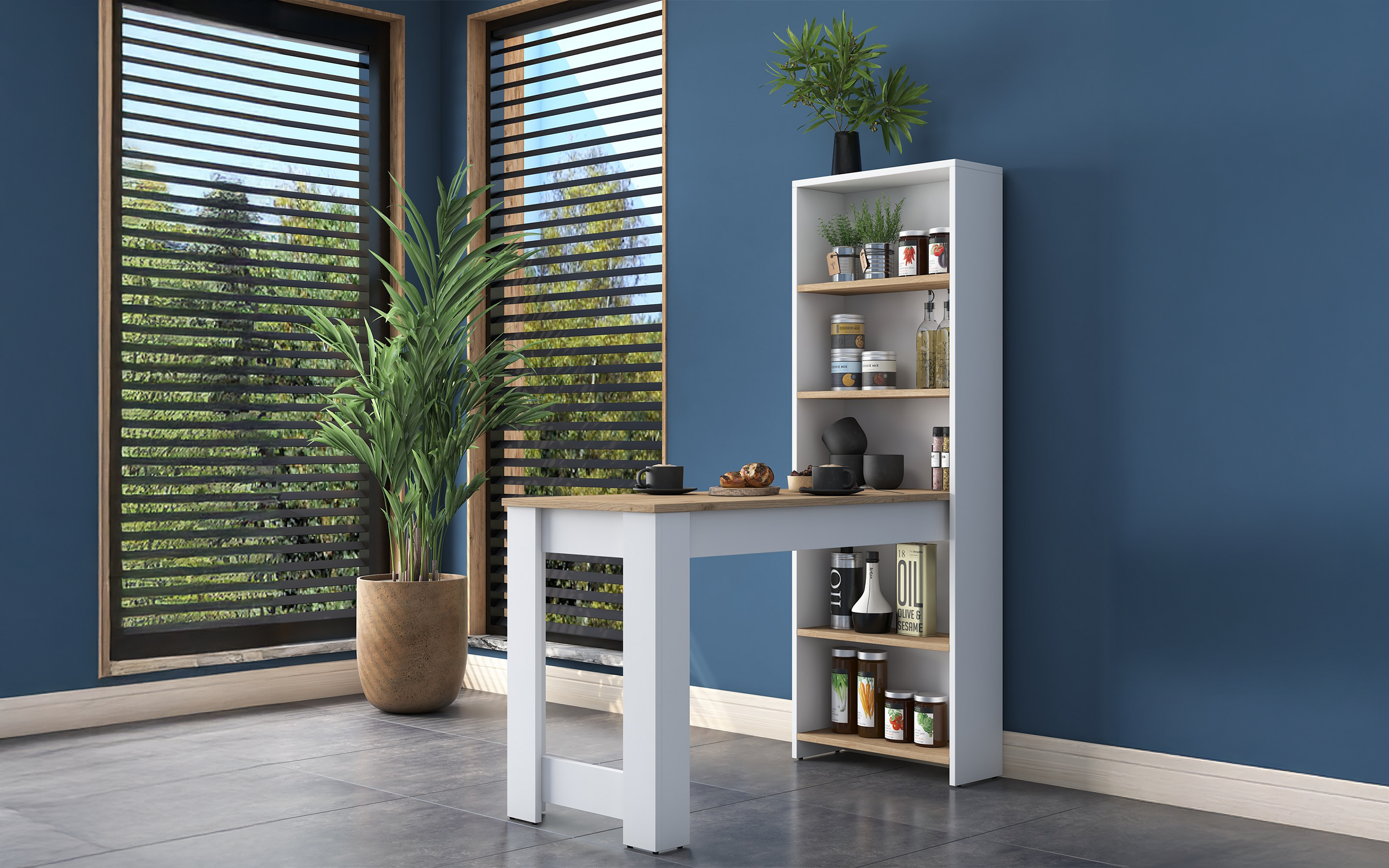 Masa dining + etajera Sento, nuc + alb  2