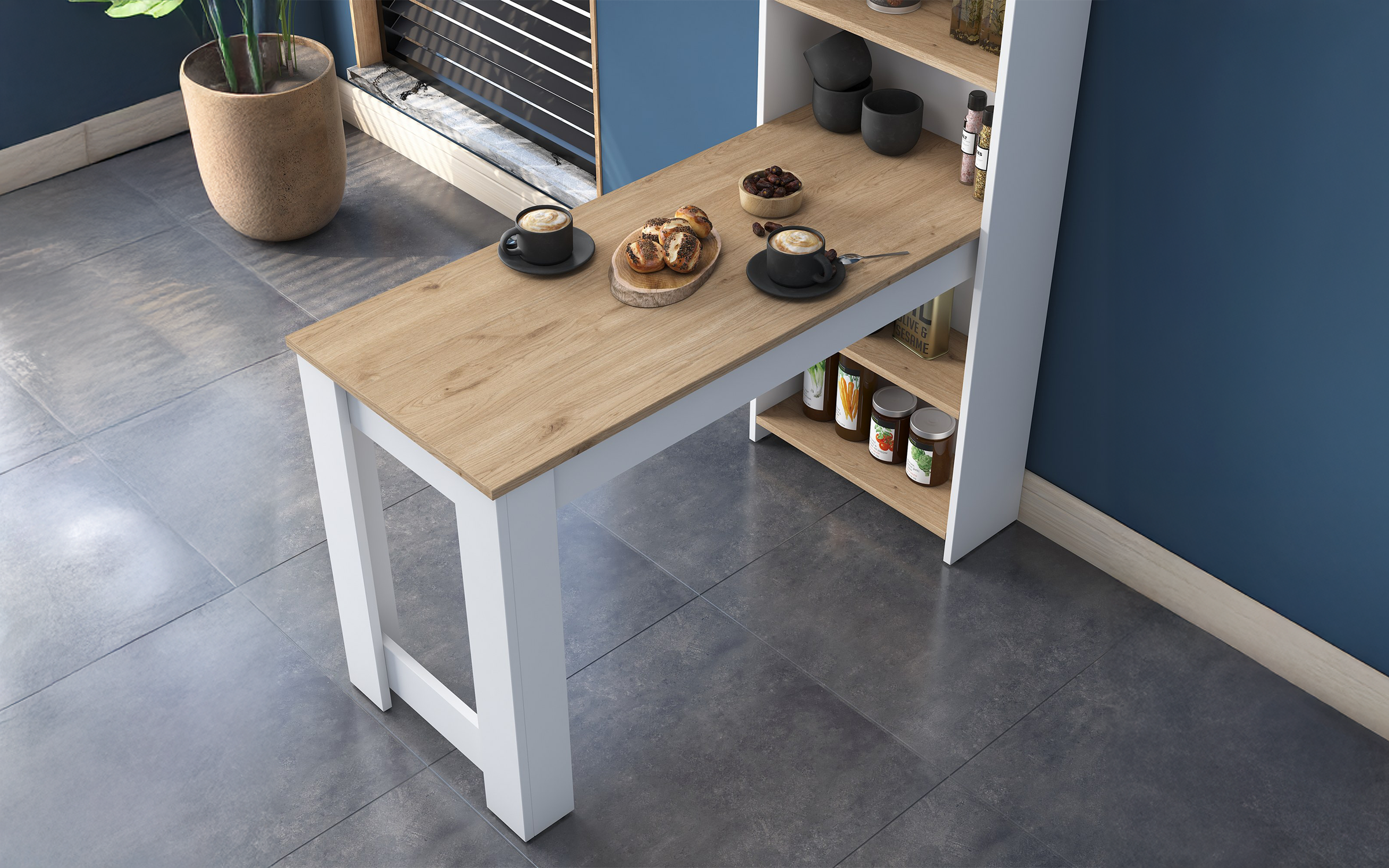 Masa dining + etajera Sento, nuc + alb  3