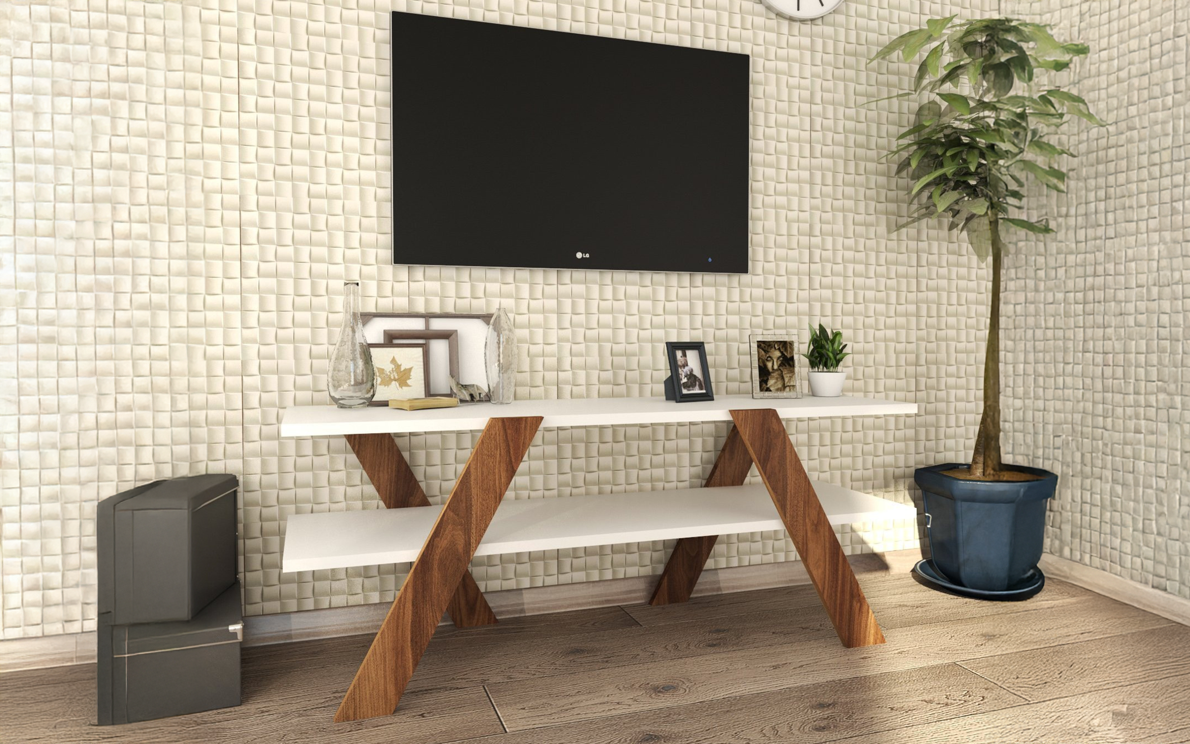 Modul TV Baril, alb + nuc  3