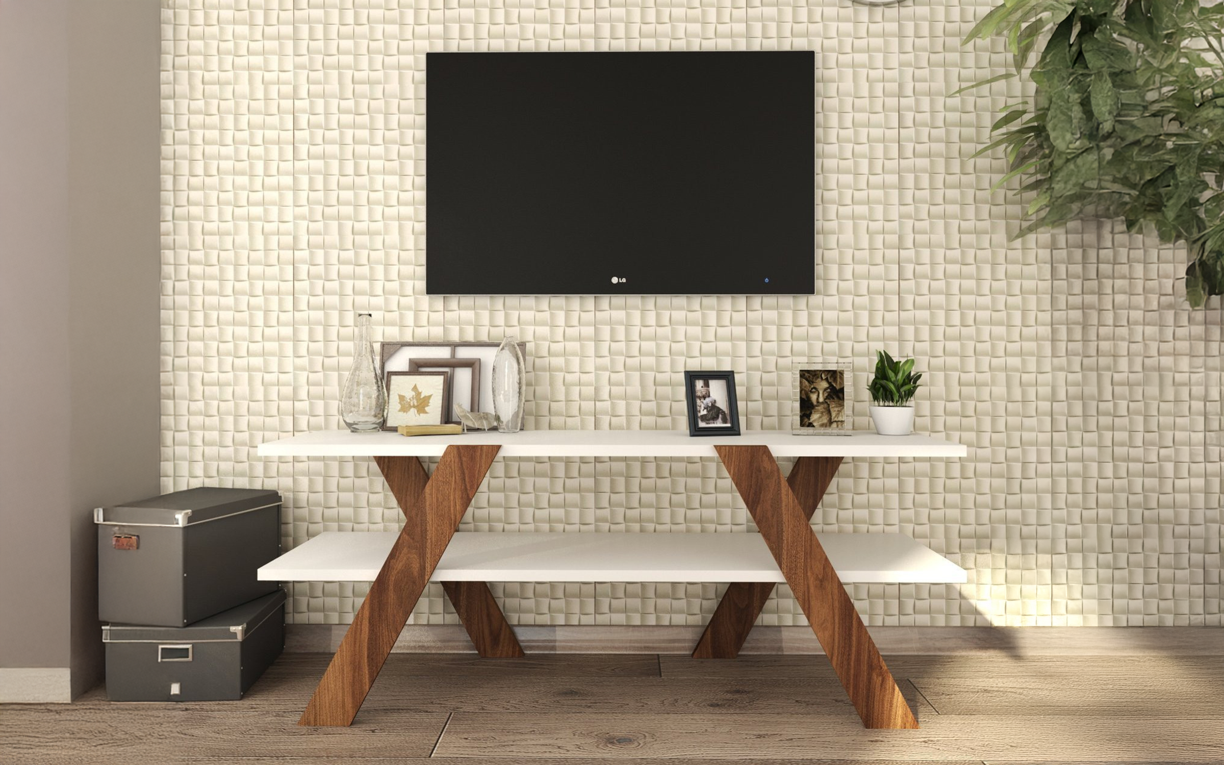 Modul TV Baril, alb + nuc  4