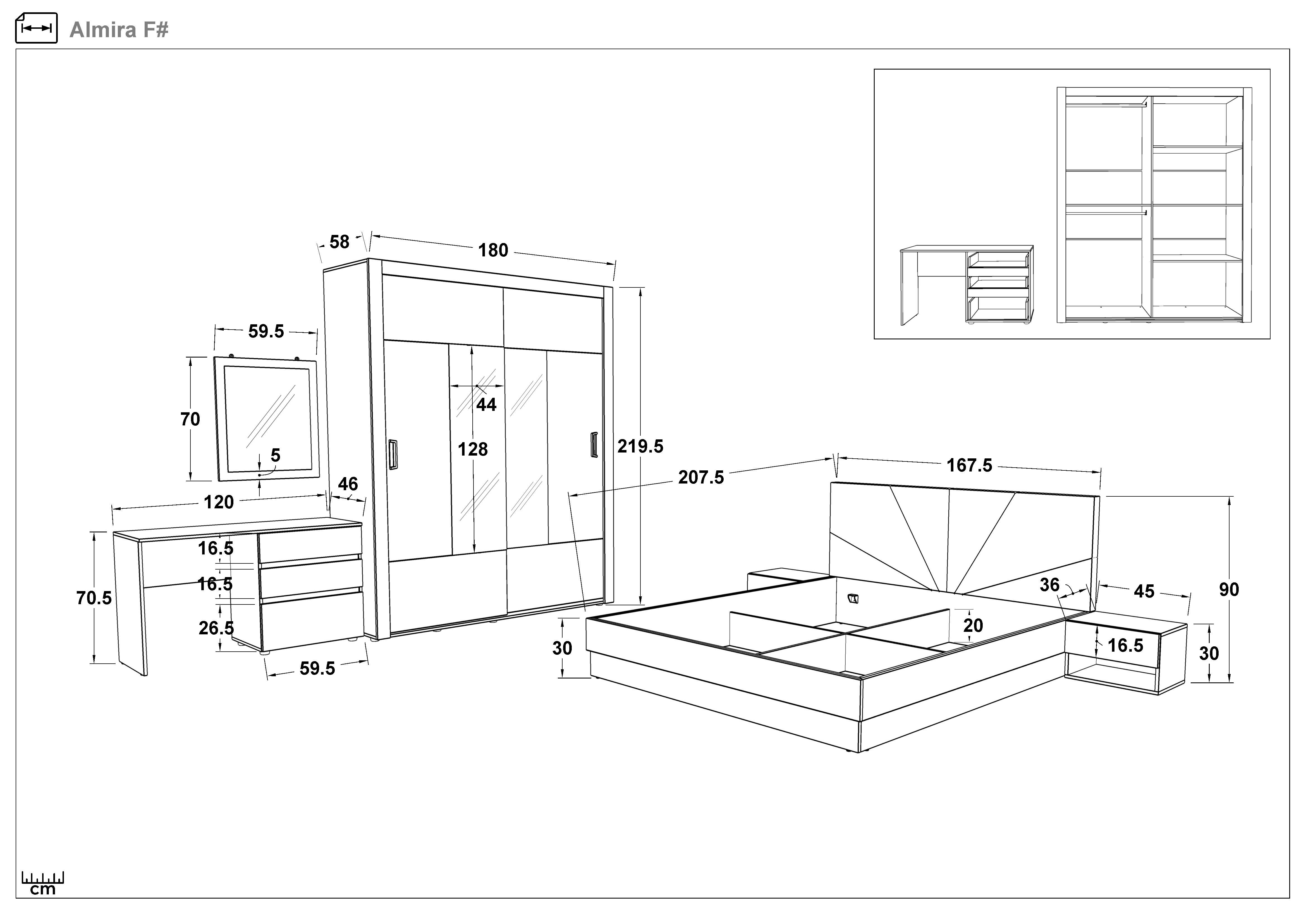 Set dormitor + saltea 160/200 Almira + saltea, antracit mat + fier  2