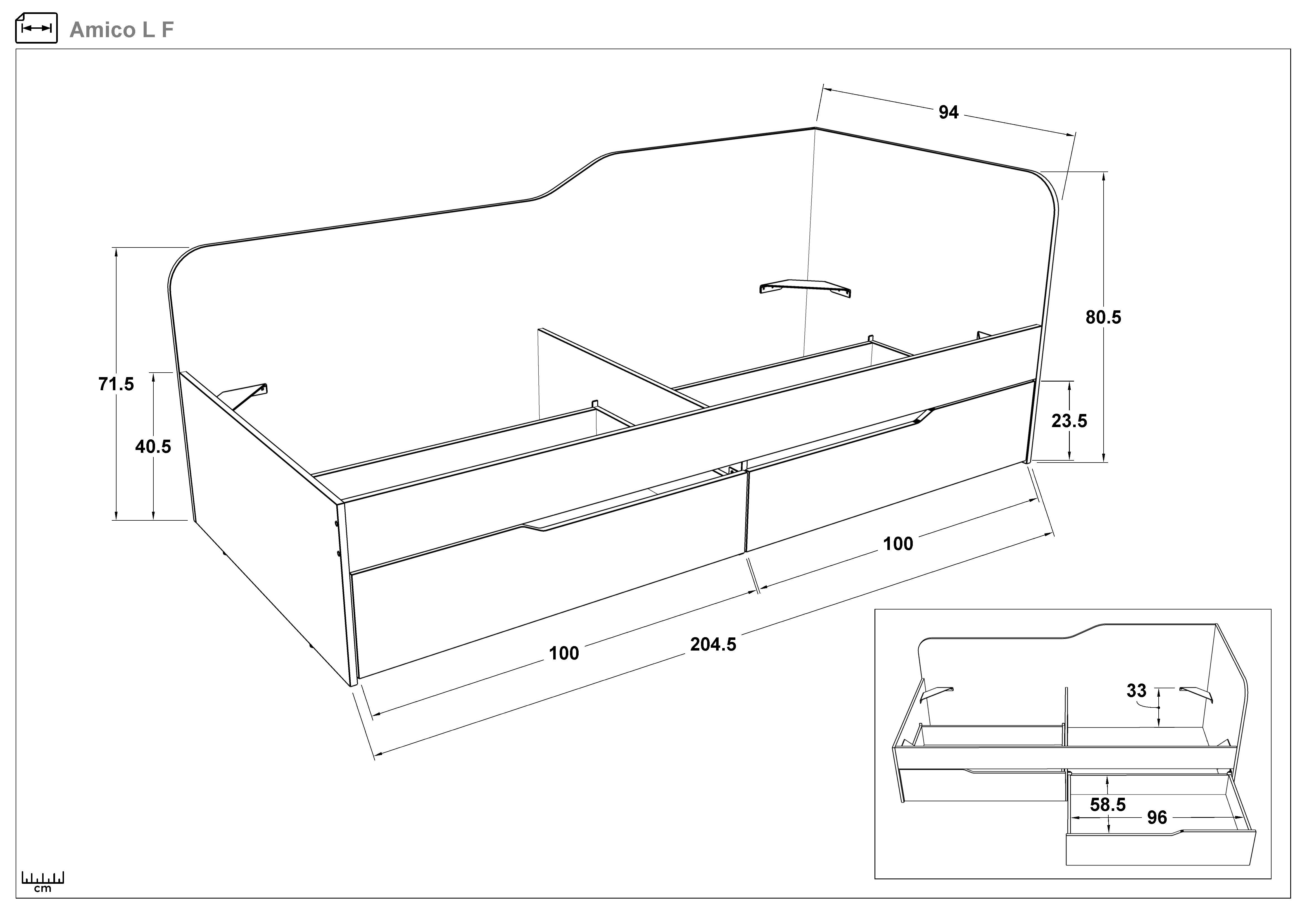 Pat + sertare 90/200 Amico, stejar antracit + casmir  2