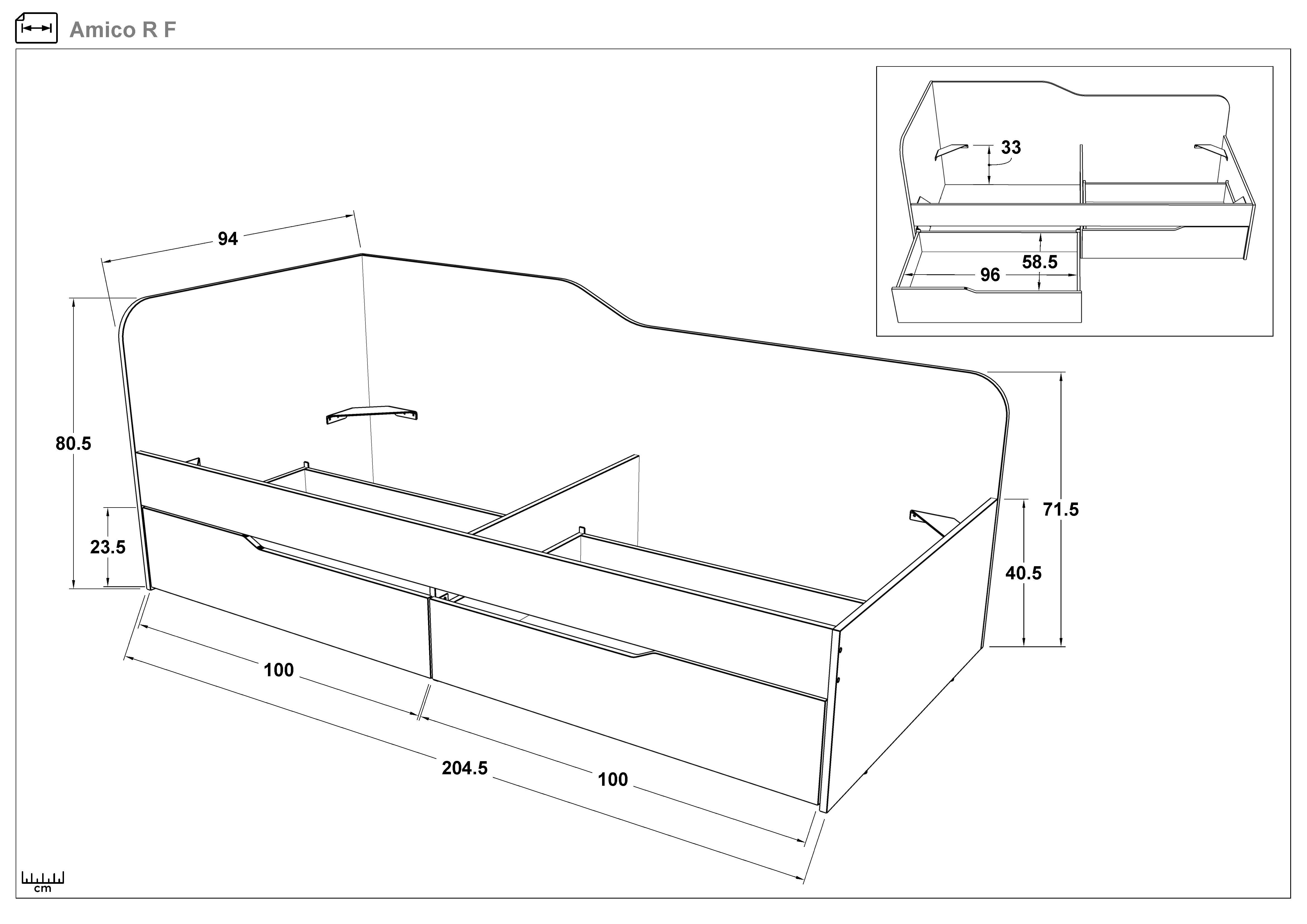 Pat + sertare 90/200 Amico, stejar antracit + casmir  2