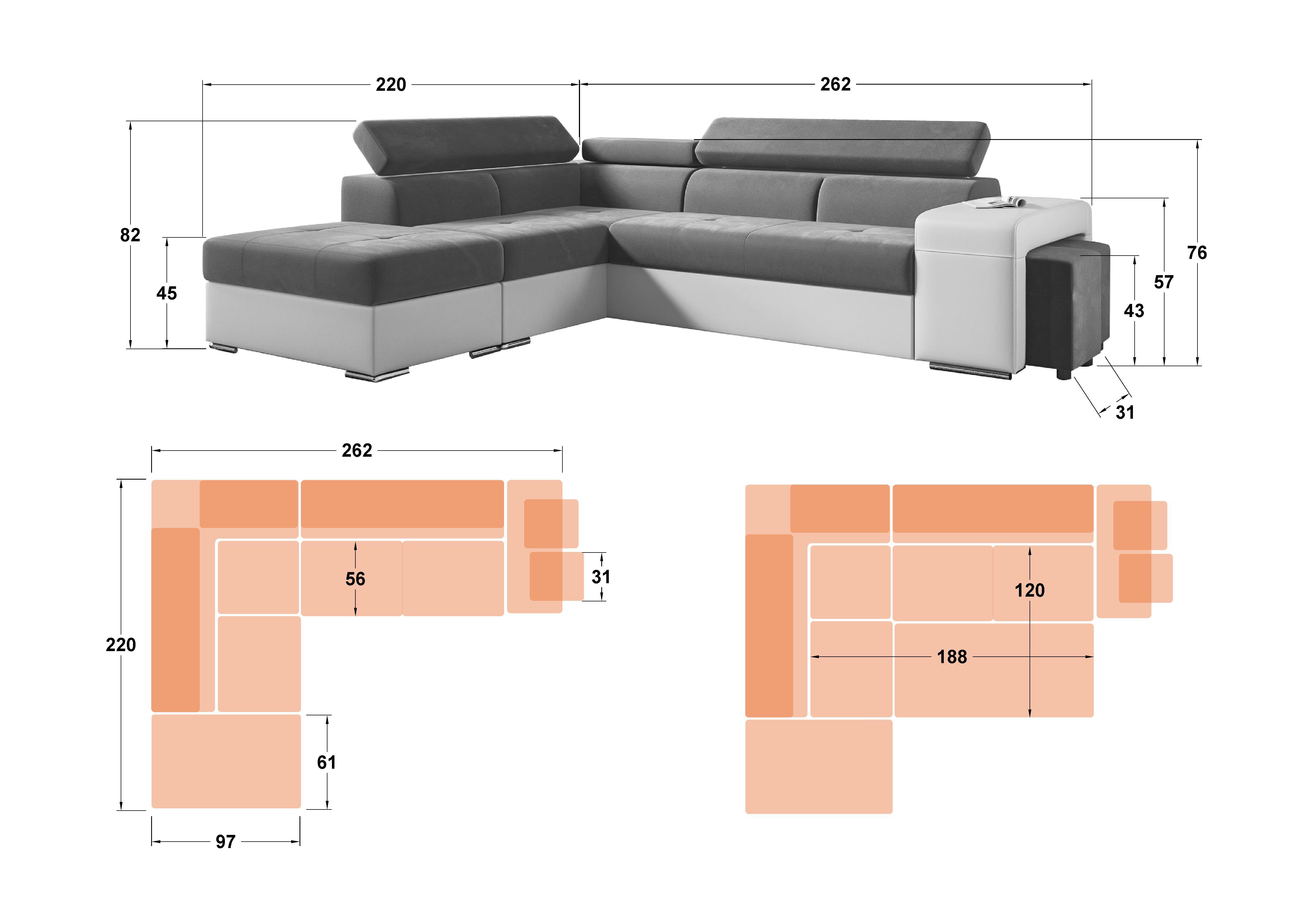 Coltar extensibil Amirei + 2 taburete, gri + piele alba  2
