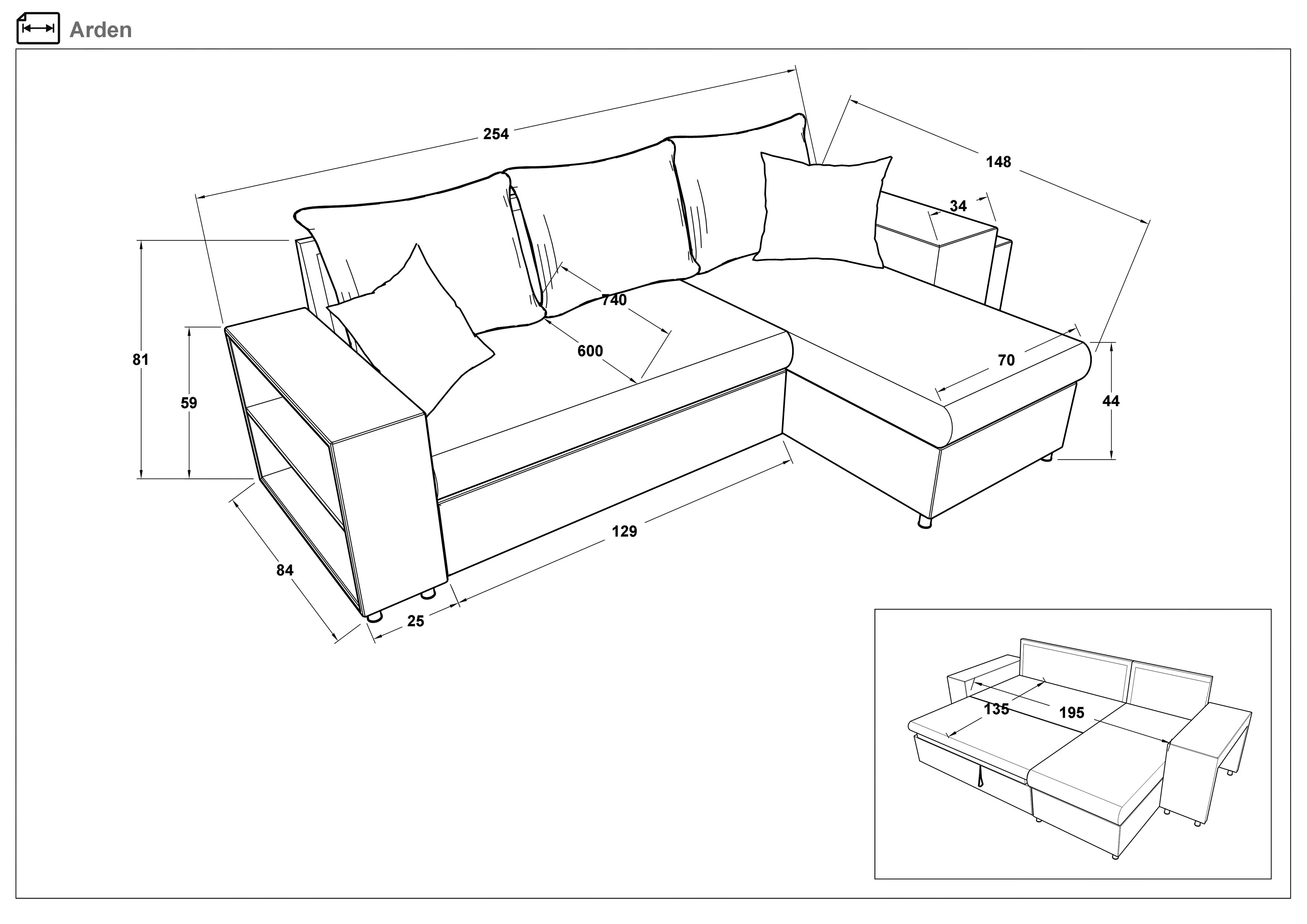 Coltar extensibil Arden + 2 taburete, gri  2