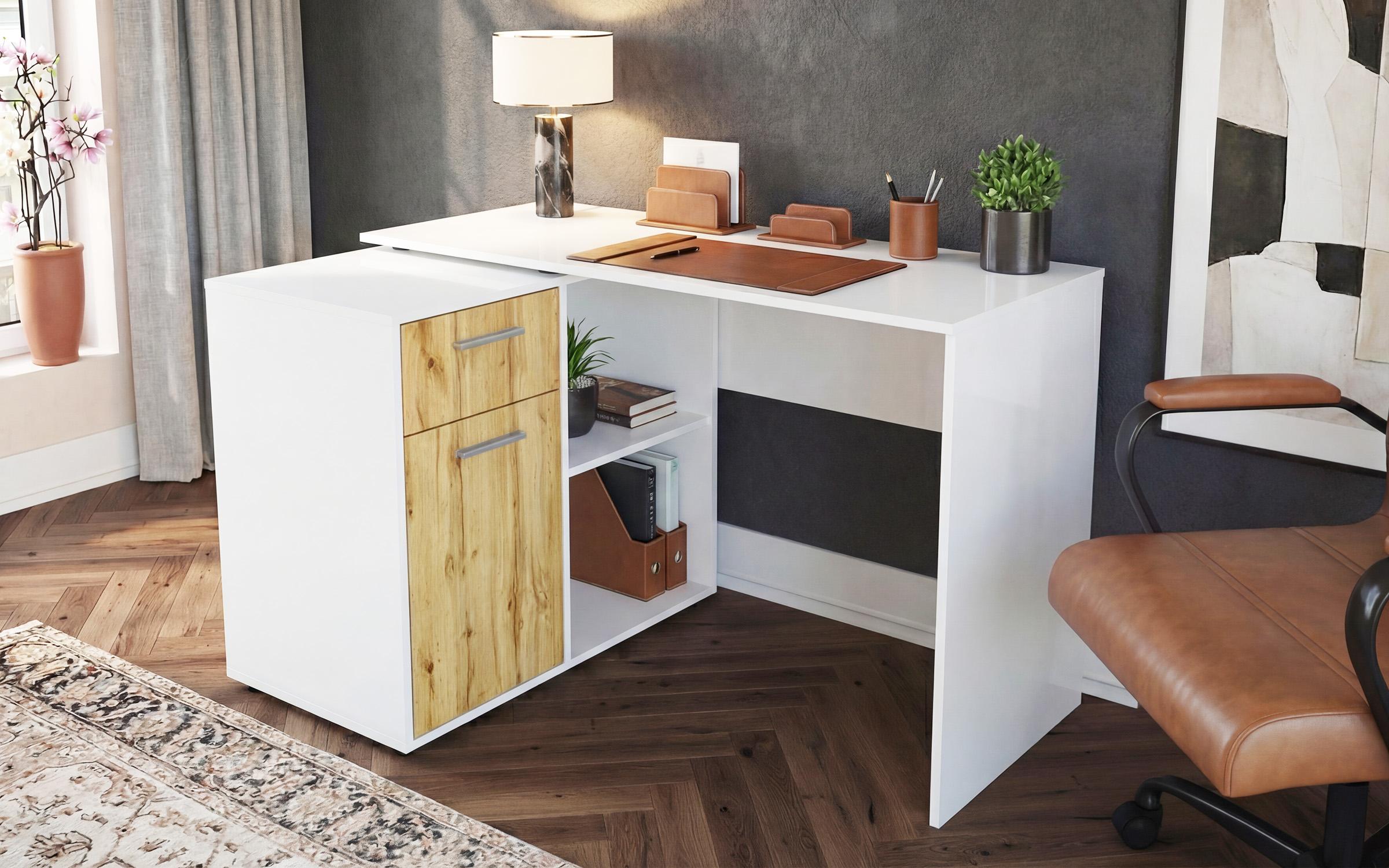 Birou Aster, alb lucios + stejar wotan  3
