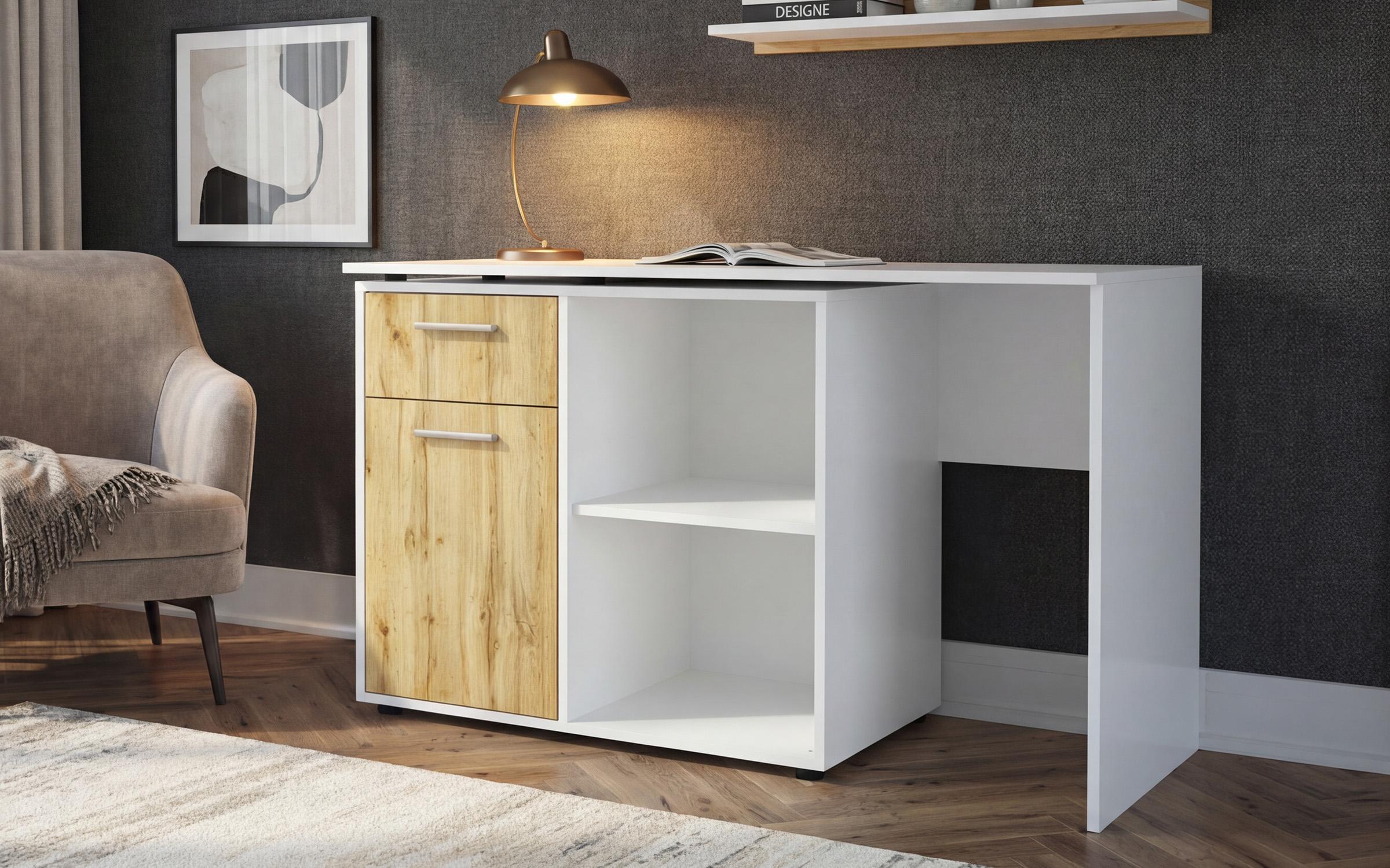 Birou Aster, alb lucios + stejar wotan  2