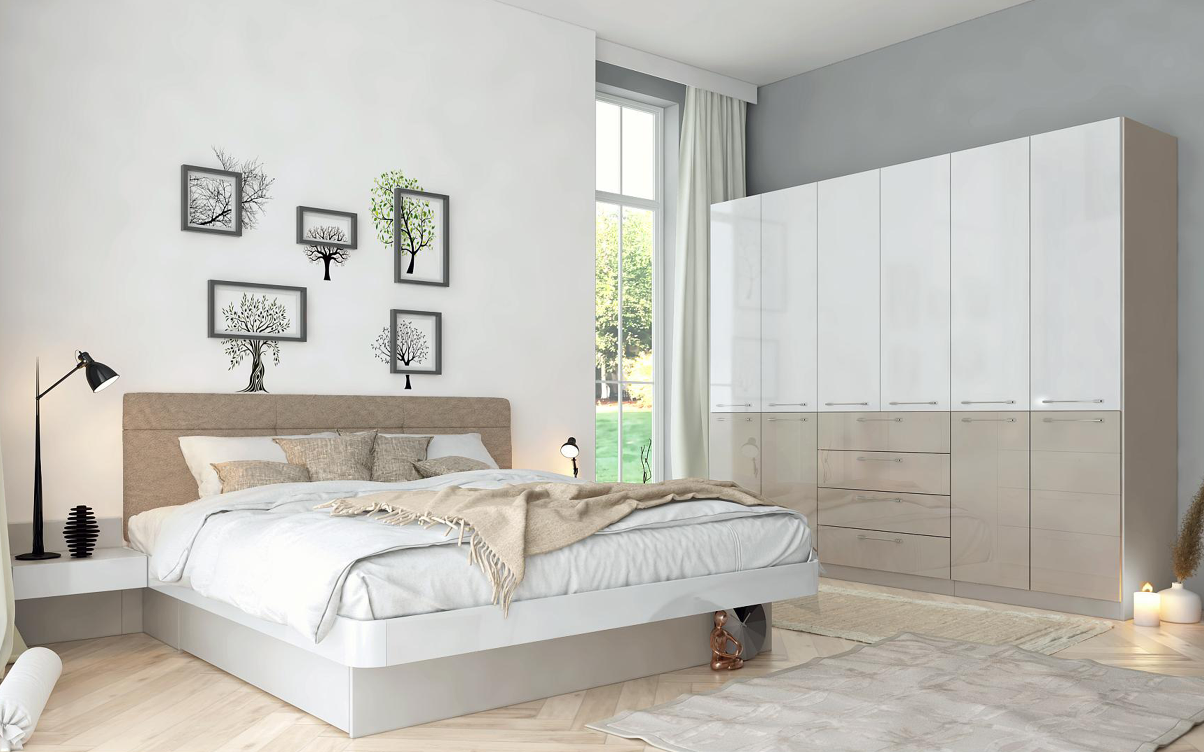 Set dormitor Ava pentru saltea 180/200, alb + cashmir + alb lucios + delux lucios  2