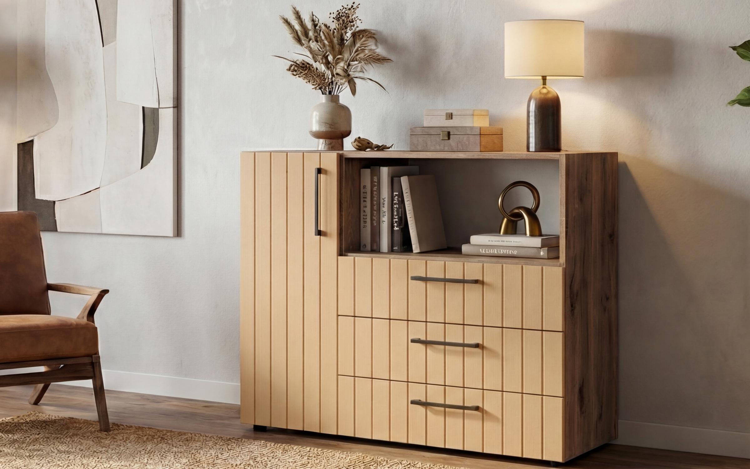 Comoda Barx, stejar scandinav inchis + satin galben  3