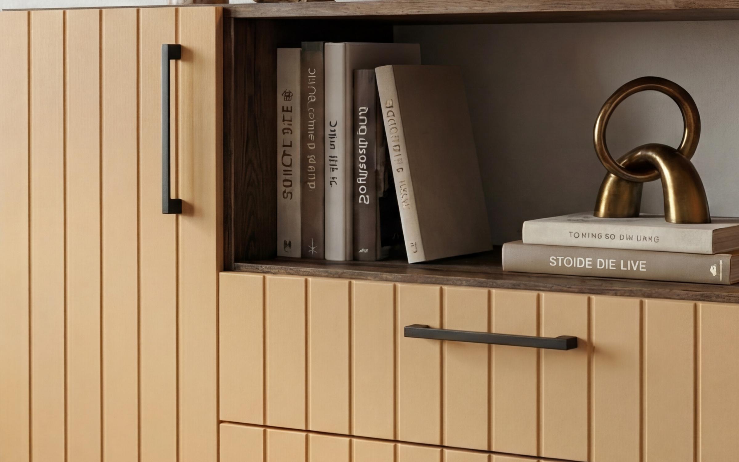 Comoda Barx, stejar scandinav inchis + satin galben  4