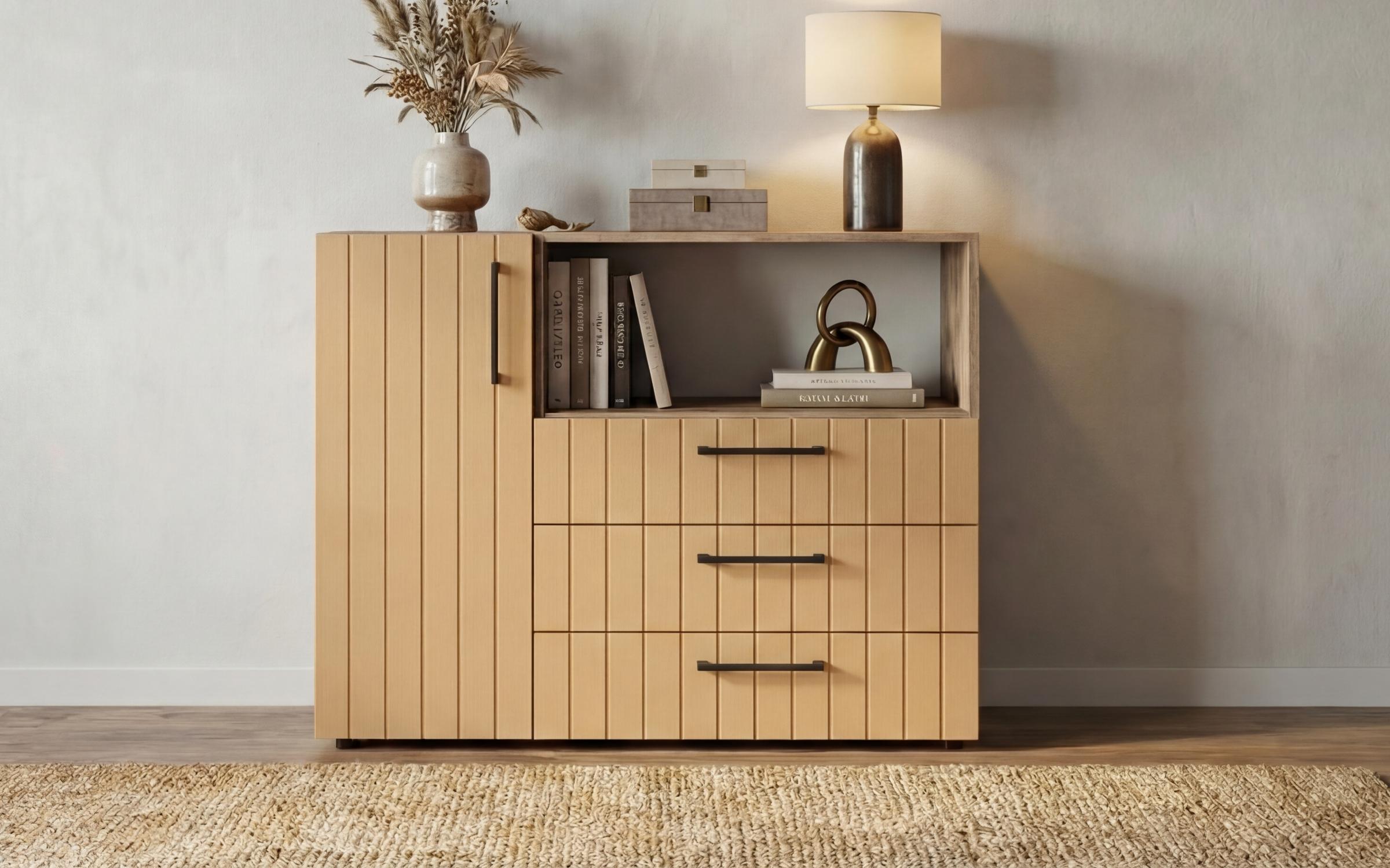 Comoda Barx, stejar scandinav inchis + satin galben  5