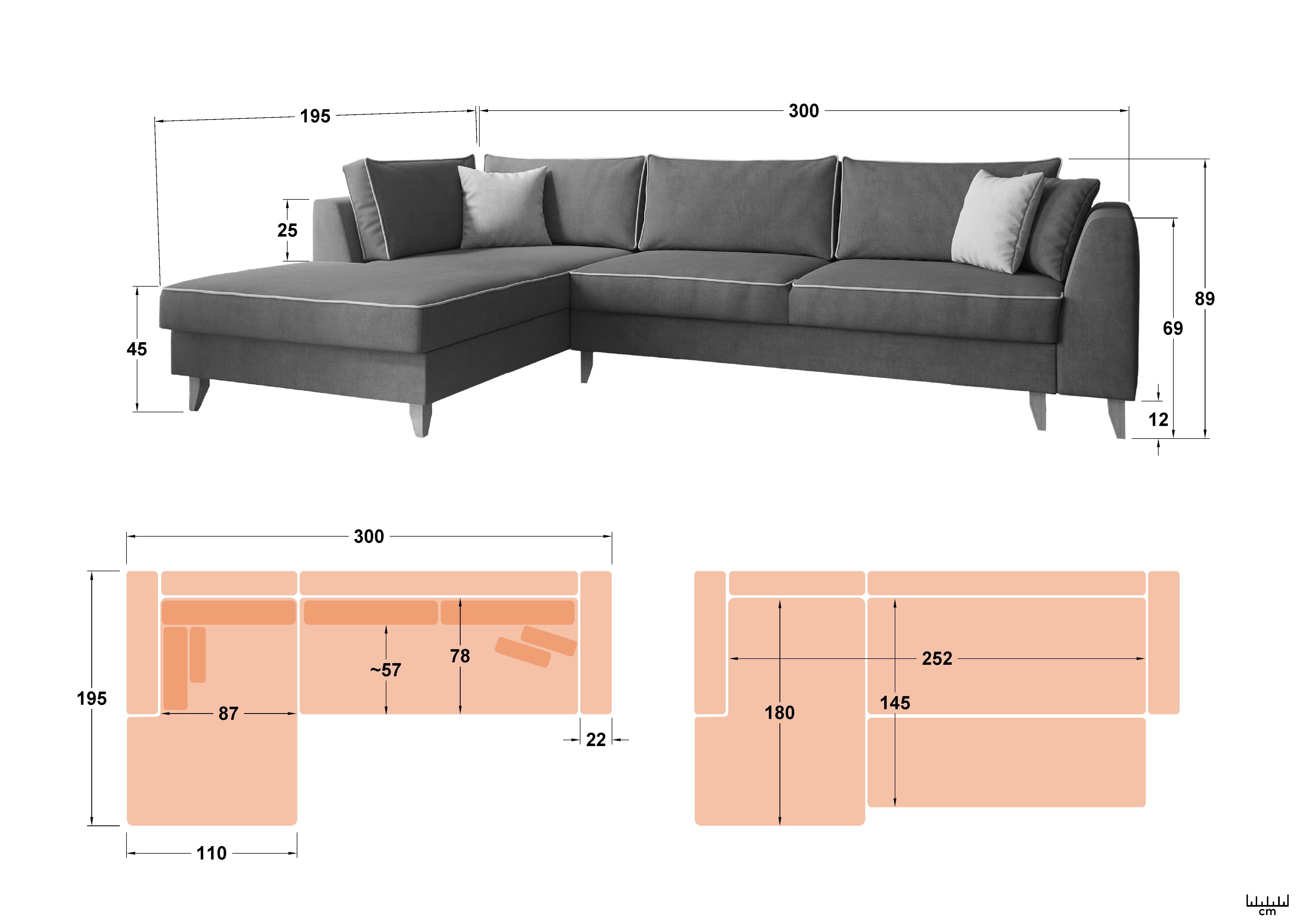 Coltar extensibil Bolonia, albastru lazur + gri deschis  2