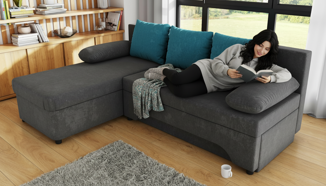 Раскладной угловой диван Неос, серый + бирюзовый  3