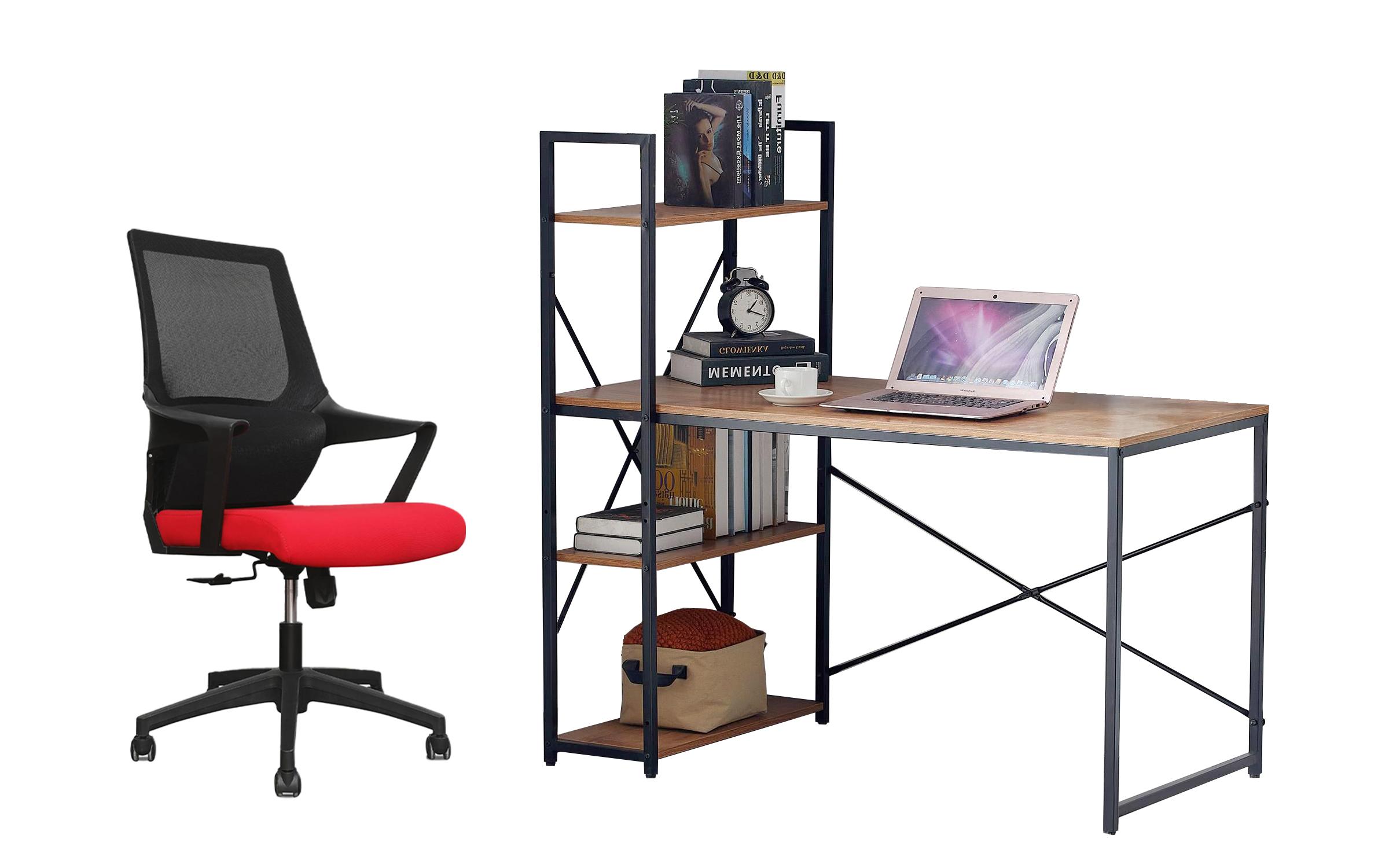 Birou Fibi II + scaun de birou Kindi, tec auriu + negru + rosu  1