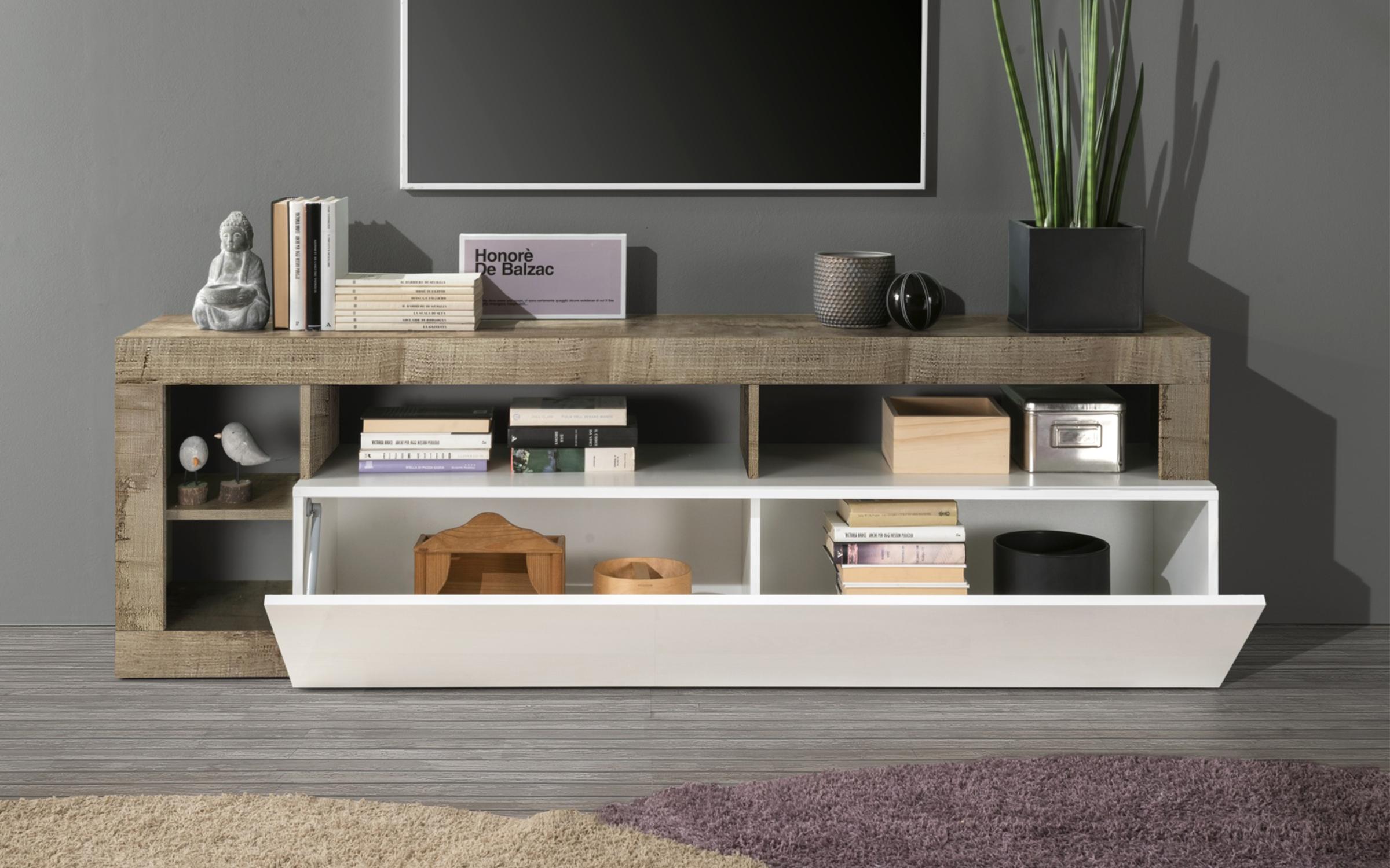 Modul TV Treza - design italian, alb lucios + stejar pero  2