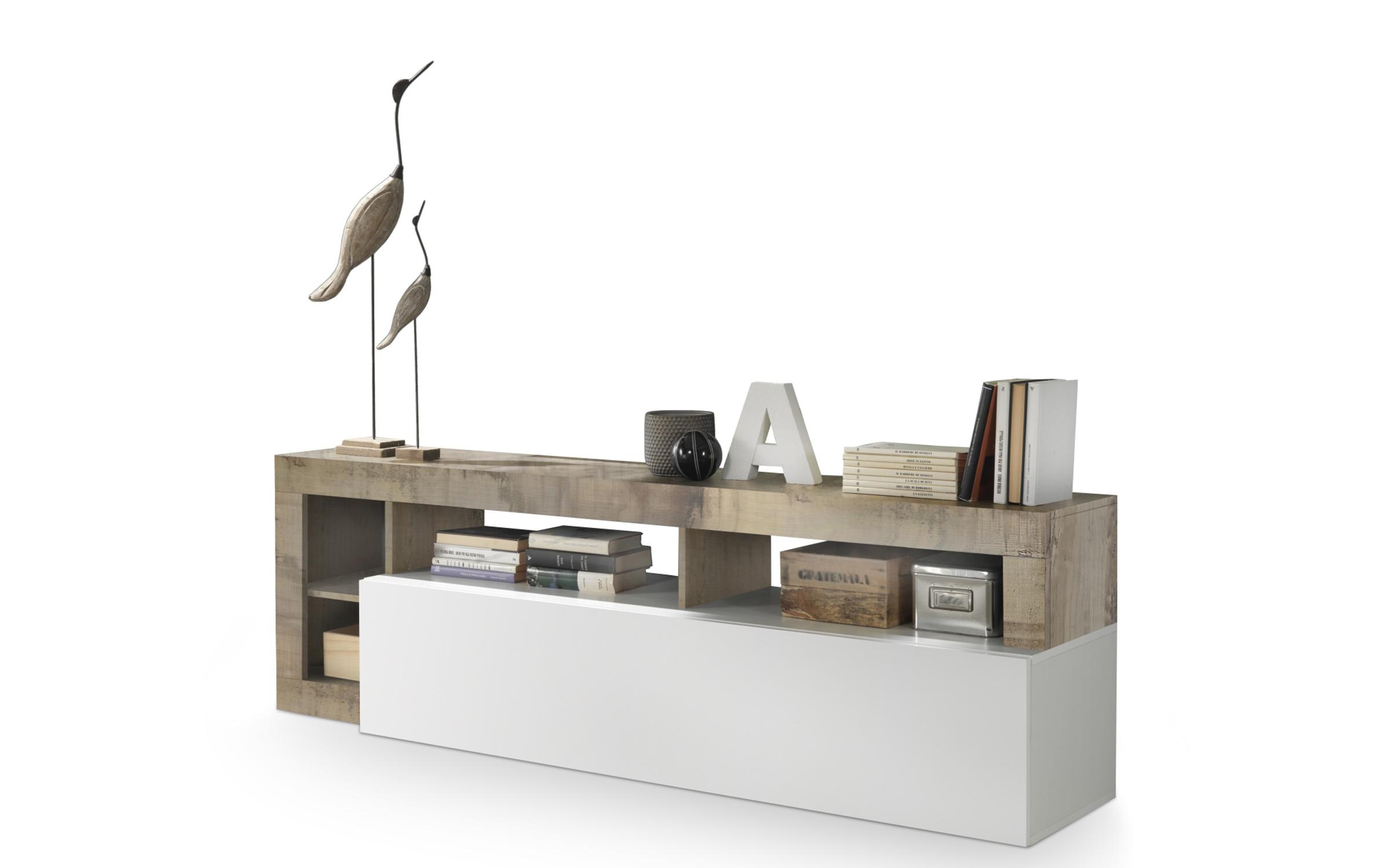Modul TV Treza - design italian, alb lucios + stejar pero  3