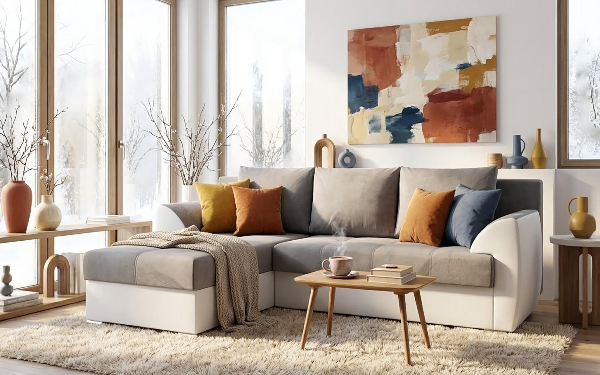 Coltar extensibil Deman, gri + piele alba  4