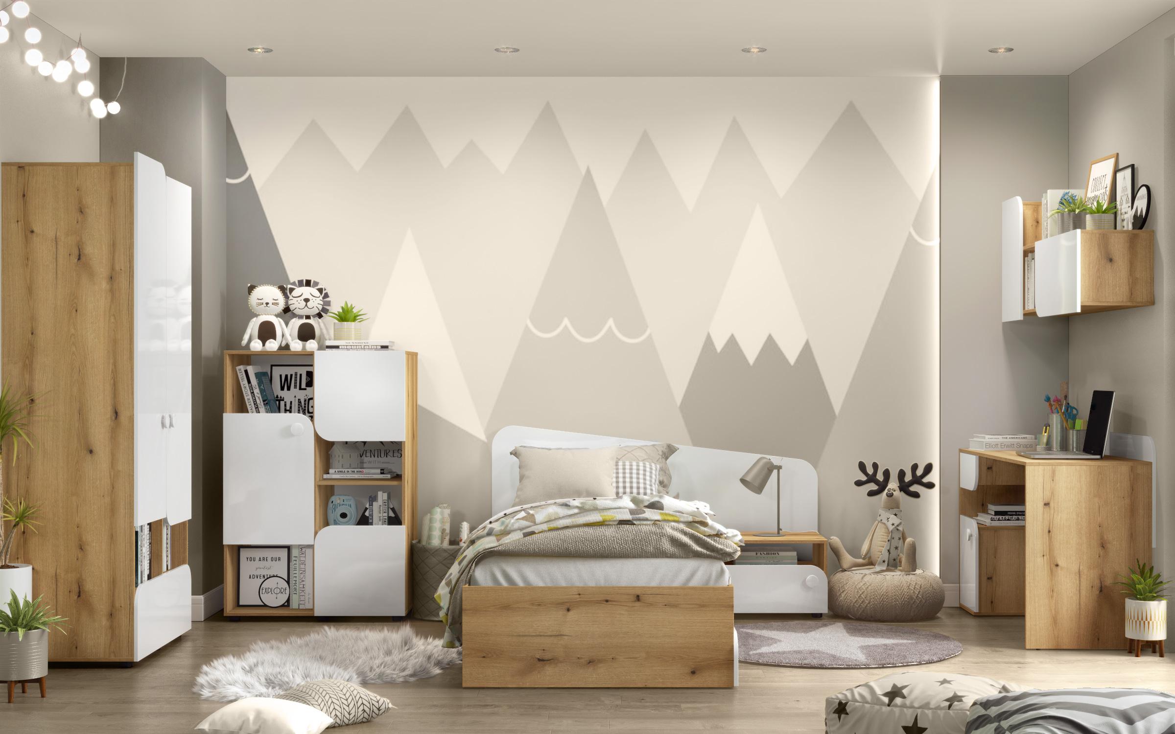 Set dormitor Ira+ saltea cu o fata Neo Dream 90/200, stejar evoc + alb lucios  2