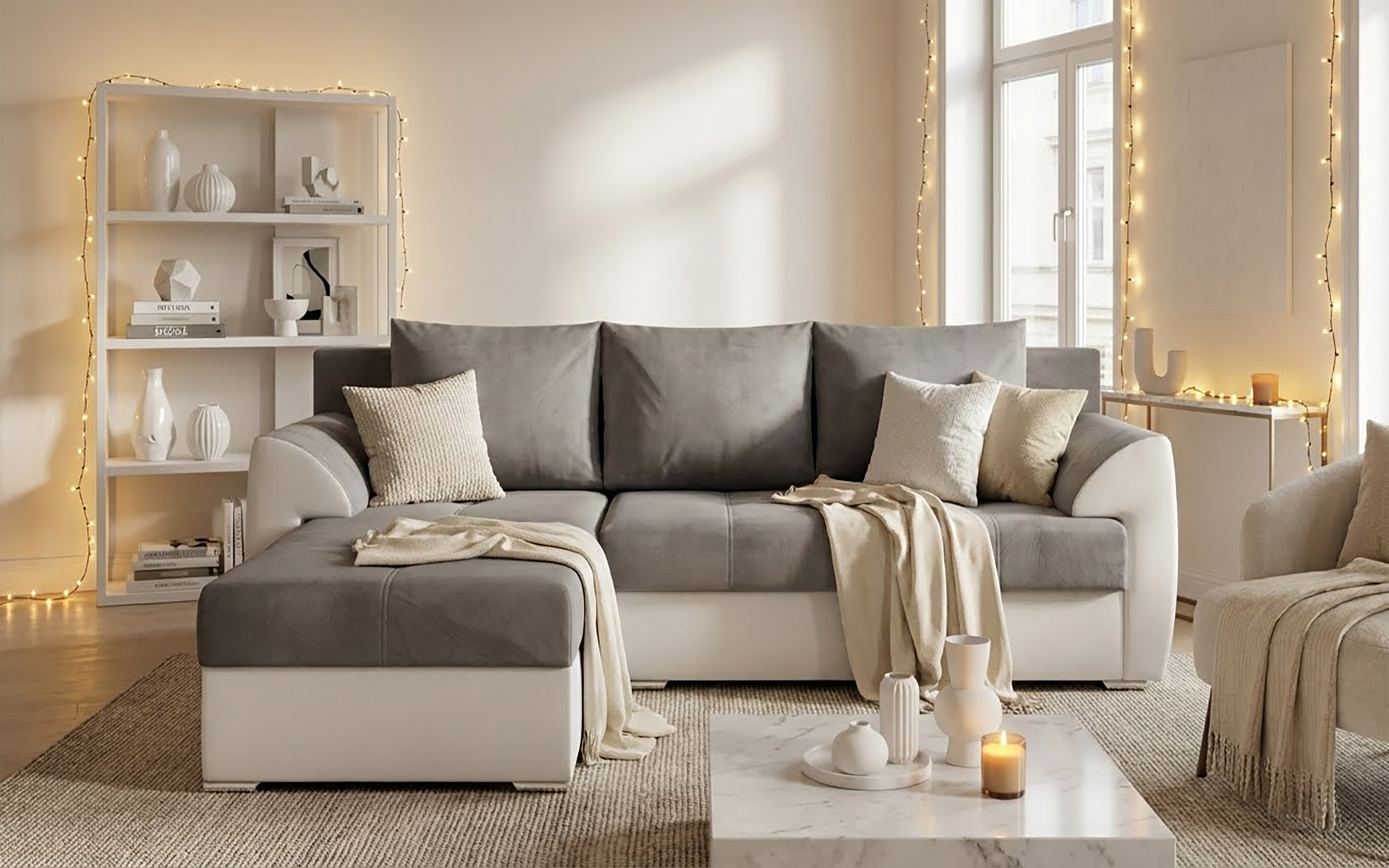 Coltar extensibil Deman, gri + piele alba  3