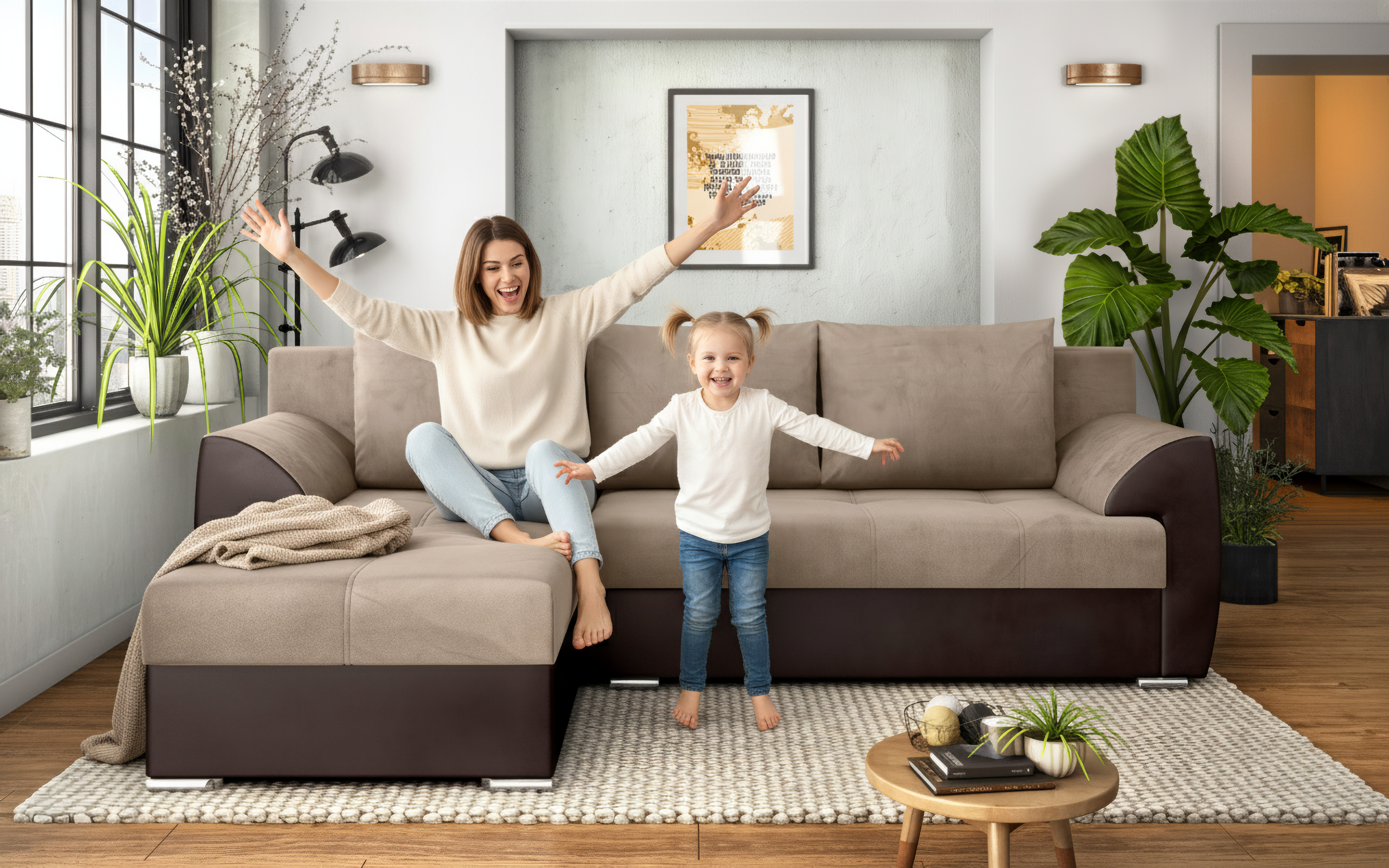 Coltar extensibil Deman, bej + piele maro  3