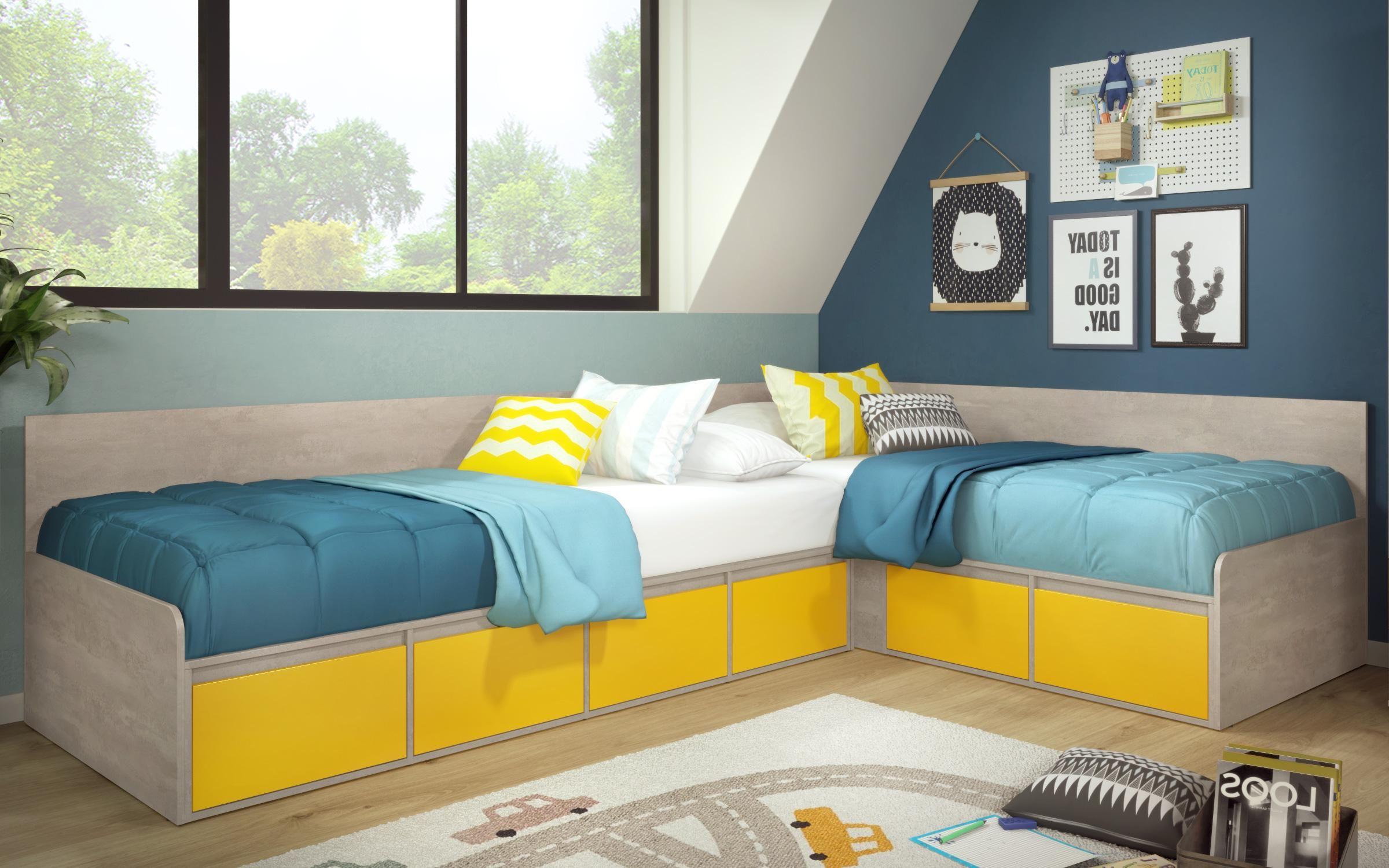 Set dormitor pentru camera copilului Zaki, galben shagreen + beton  3
