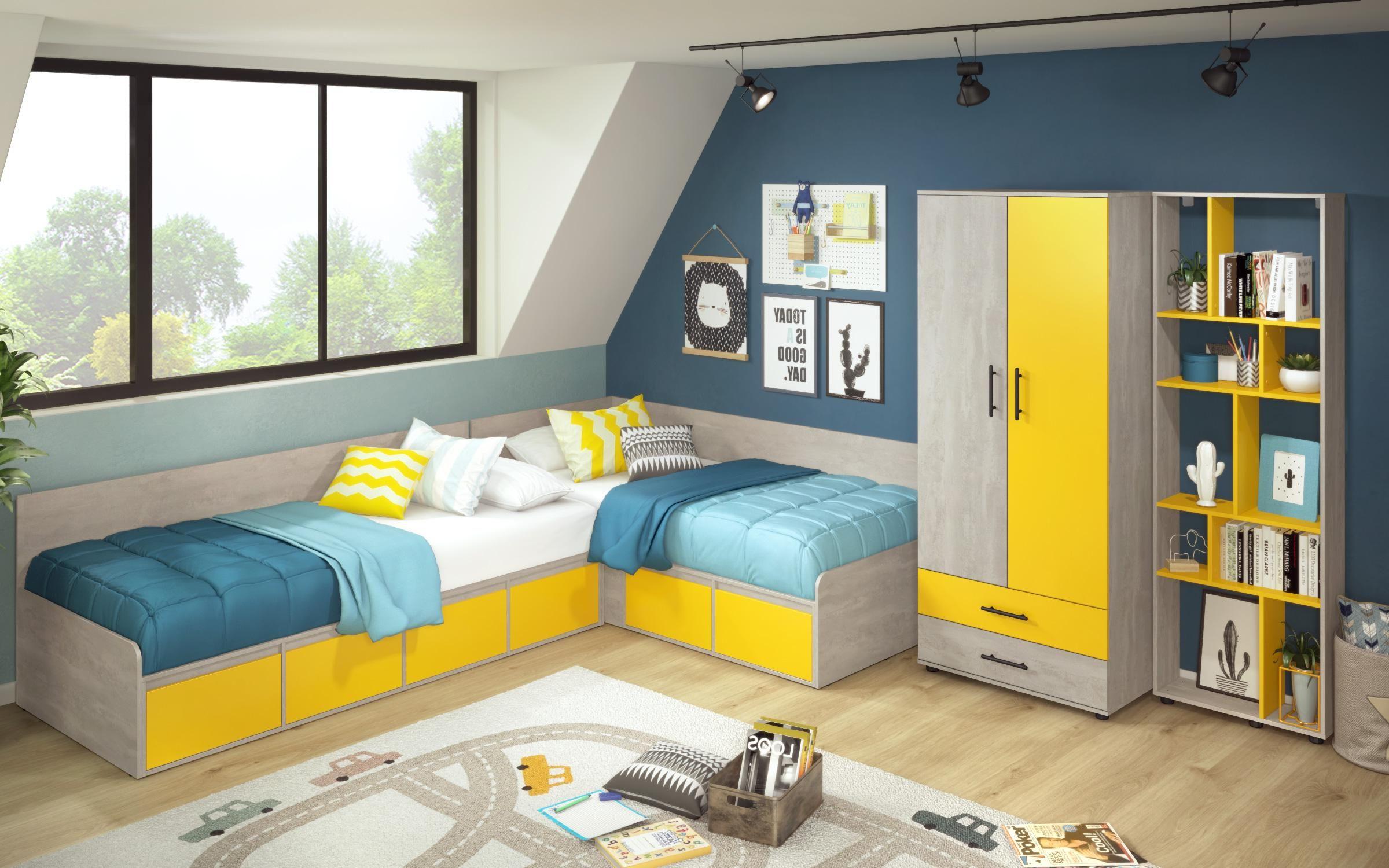 Set dormitor pentru camera copilului Zaki, galben shagreen + beton  2