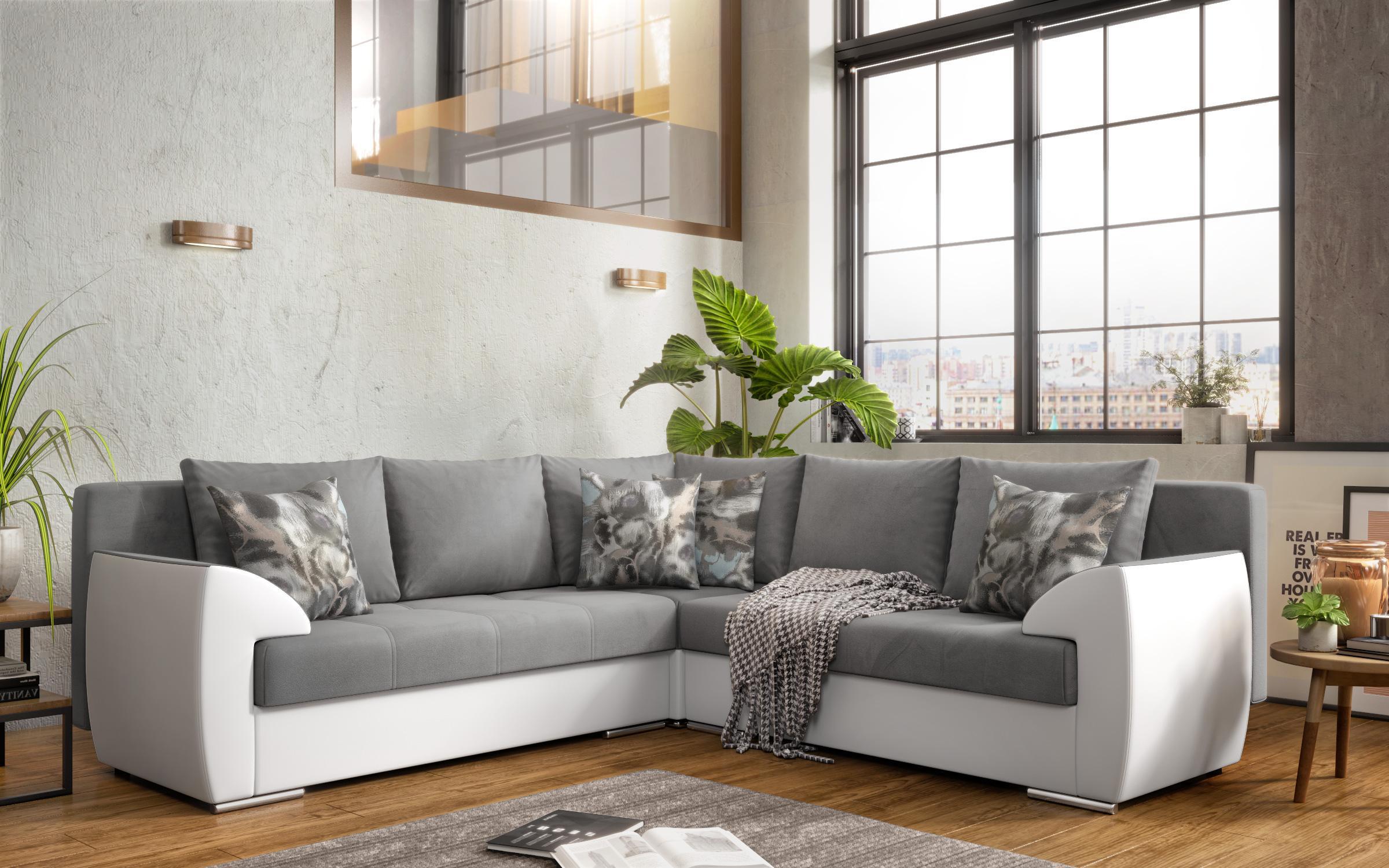 Coltar pentru living Deman, gri + piele alb  1