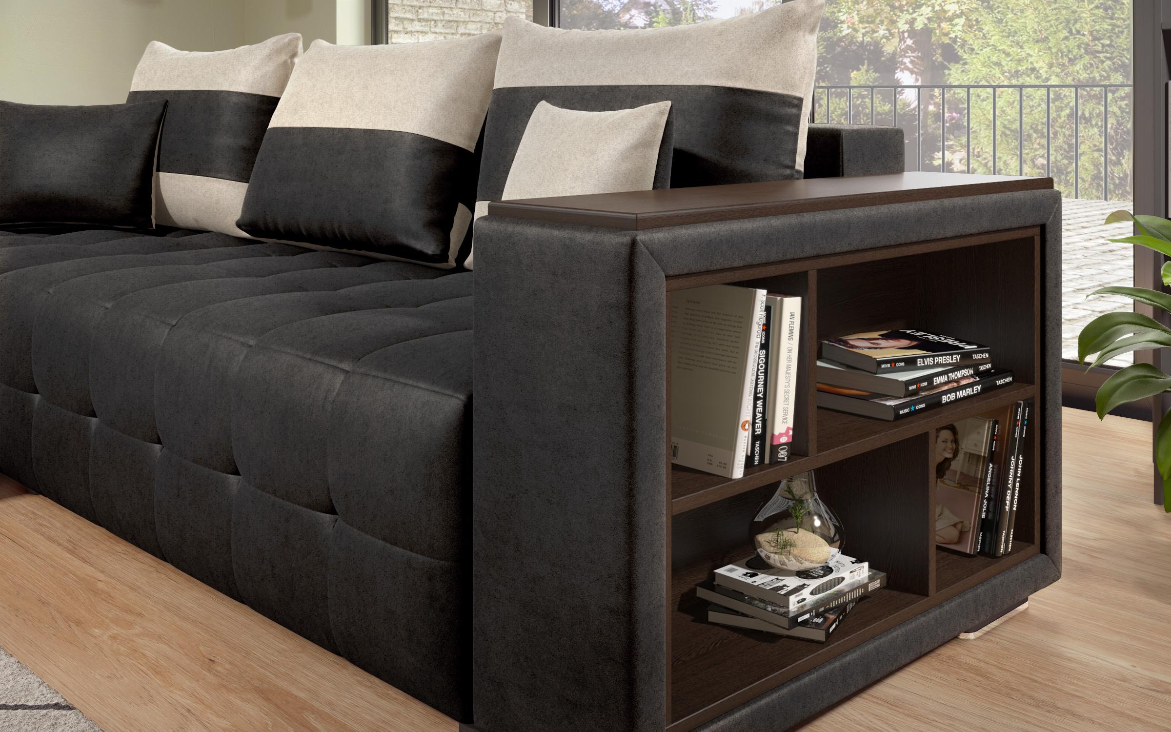 Coltar extensibil Melvin cu brat mini etajera, negru + bej deschis  7