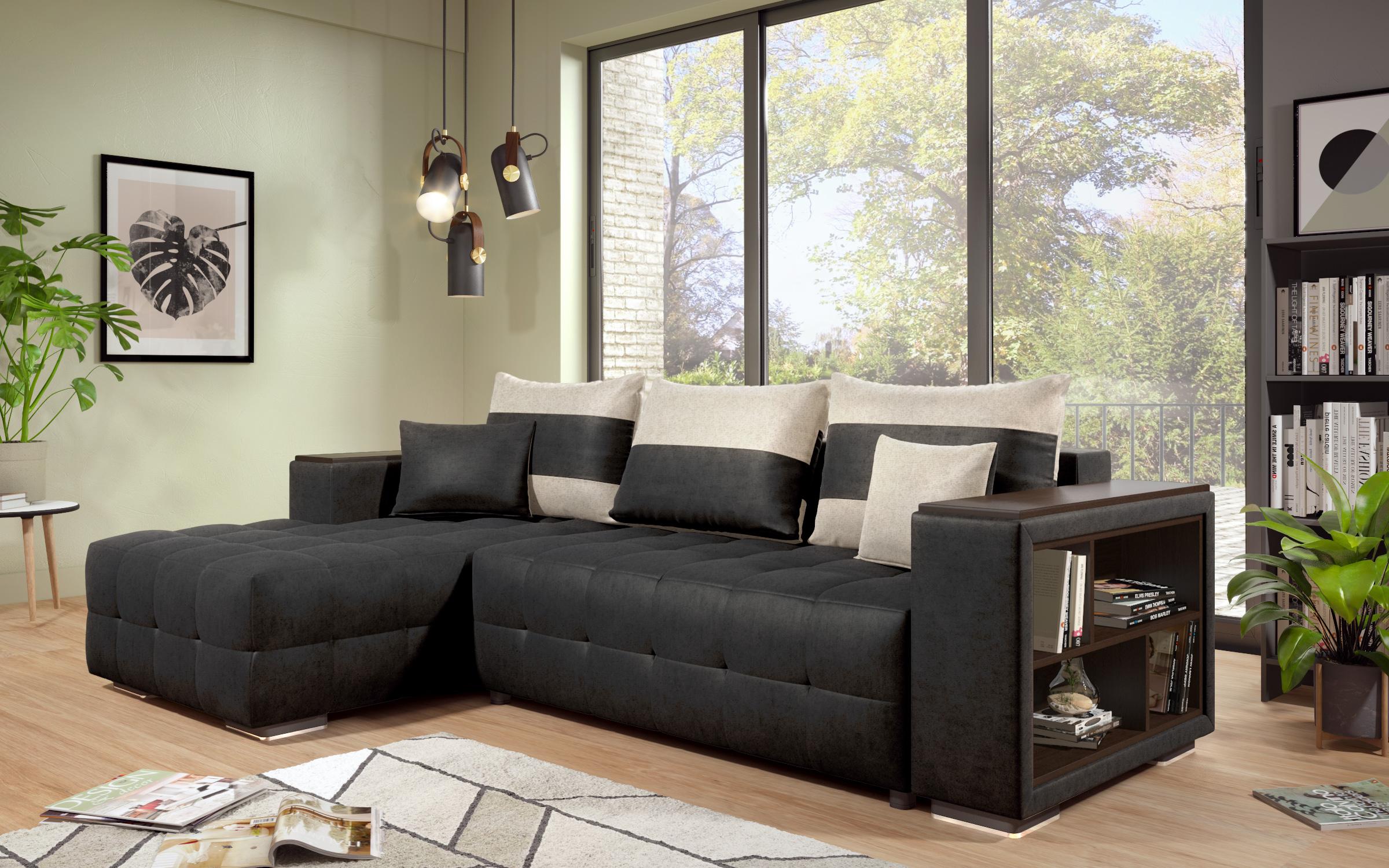 Coltar extensibil Melvin cu brat mini etajera, negru + bej deschis  5