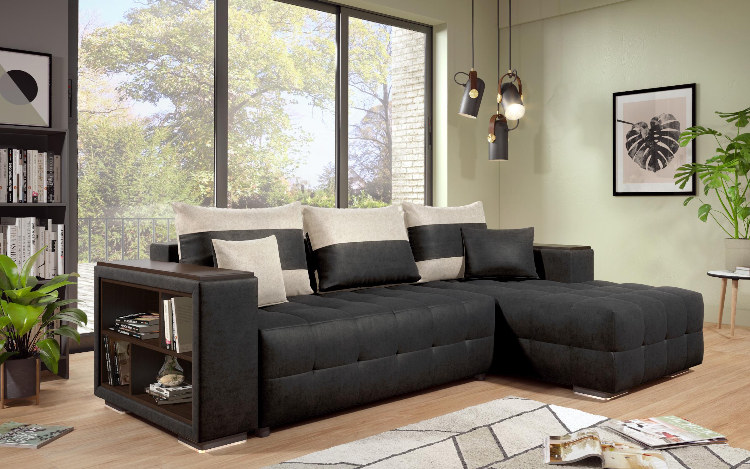 Coltar extensibil Melvin cu brat mini etajera, negru + bej deschis  5