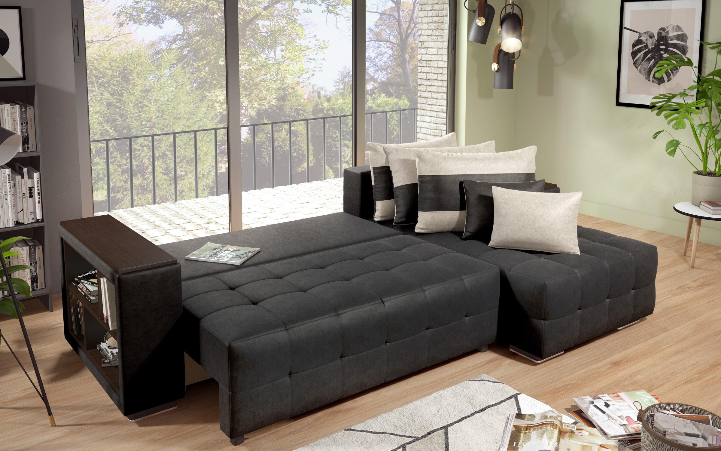 Coltar extensibil Melvin cu brat mini etajera, negru + bej deschis  6