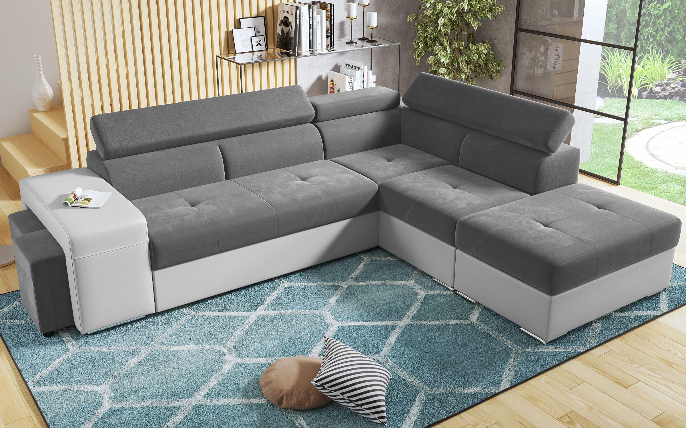 Coltar extensibil Amirei + 2 taburete, gri + piele alba  6