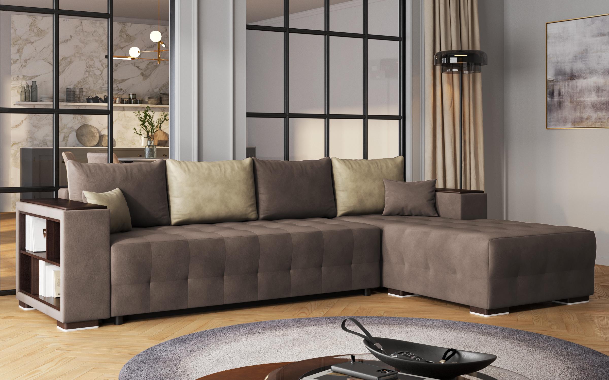 Coltar extensibil Melvin cu brat mini etajera, maro + bej  4