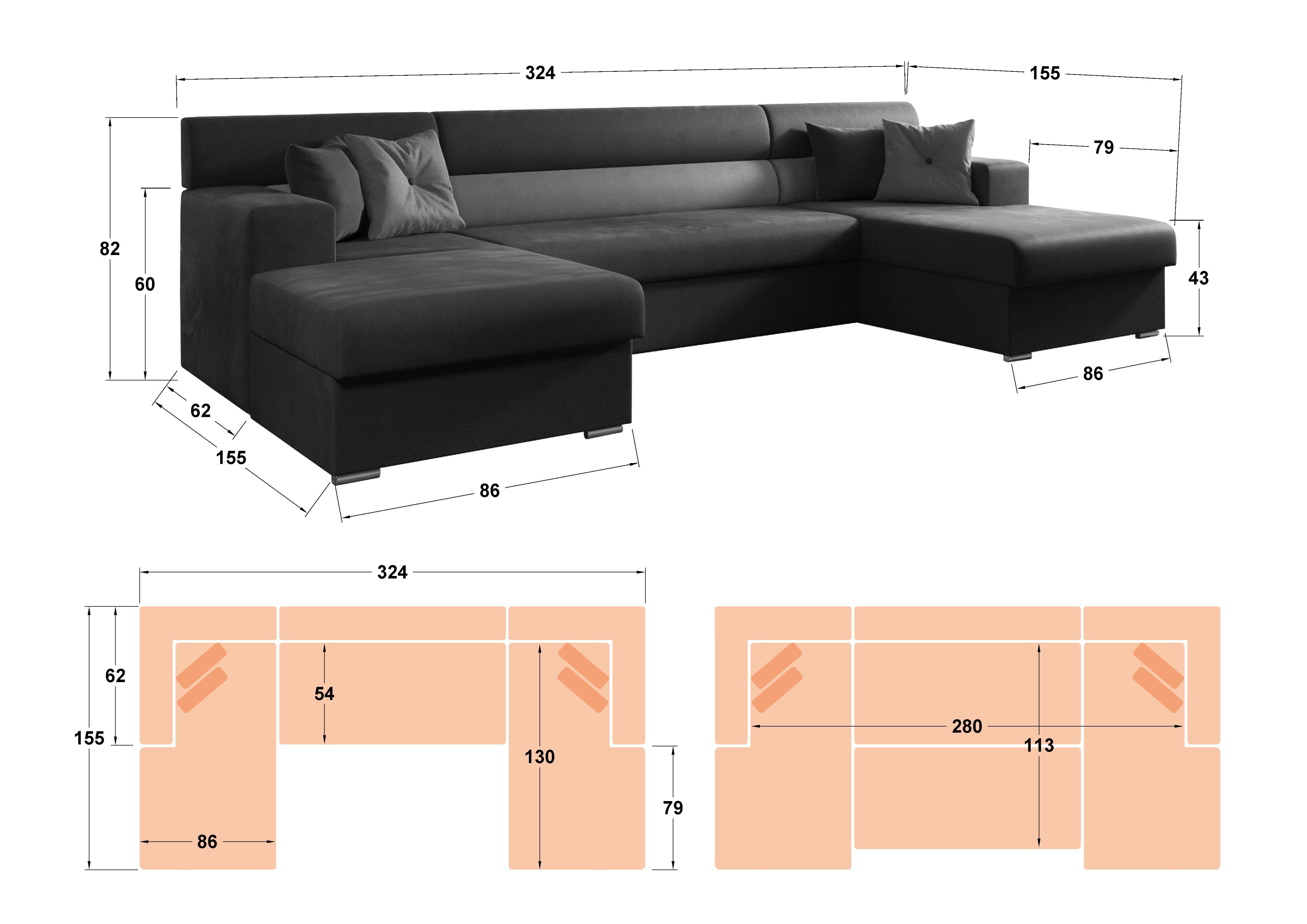Coltar in forma de U Dolce, gri + negru  2