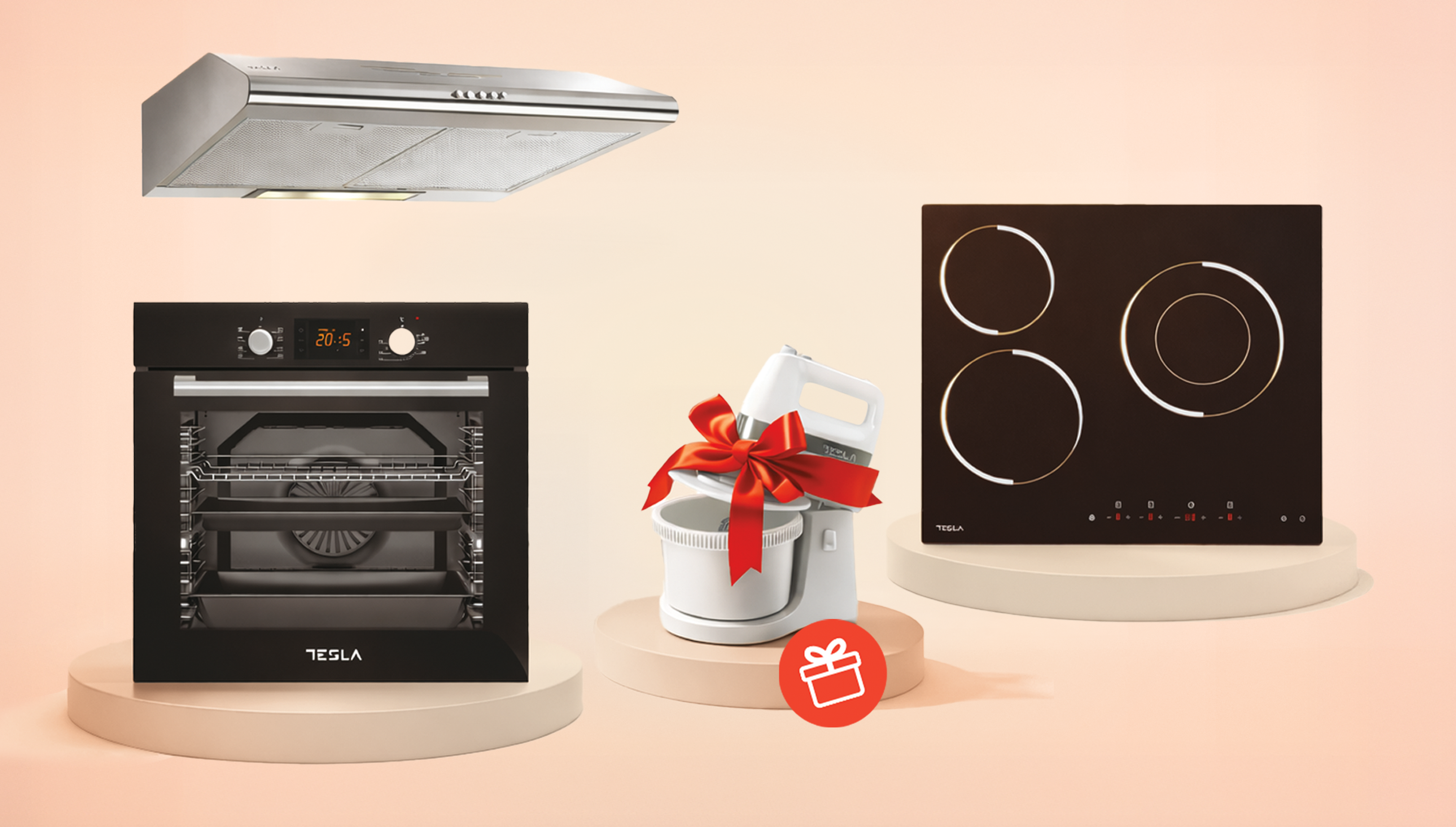 Cuptor incorporabil, plita ceramica si hota Tesla Set electrocasnice + CADOU, negru + gri  1