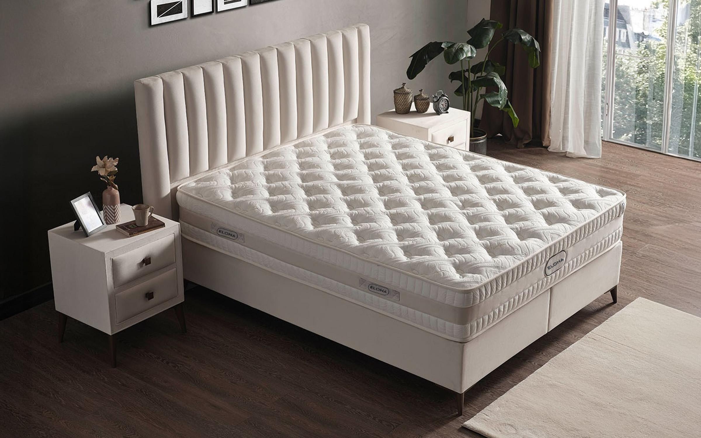 Pat dublu Boxspring 160/200 Elona + saltea, crem  1